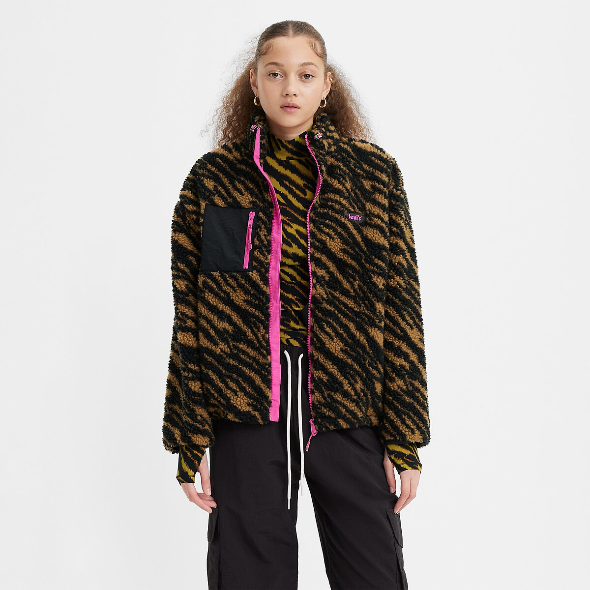 Image of Faux Fur Jacket in Animal Print with High Neck