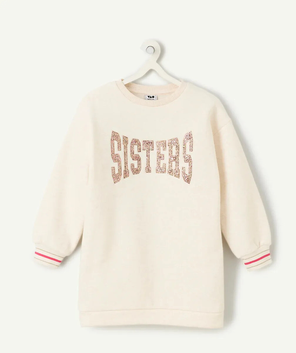 Brushed Fleece Dress with Sequined Slogan, TAPE A L'OEIL