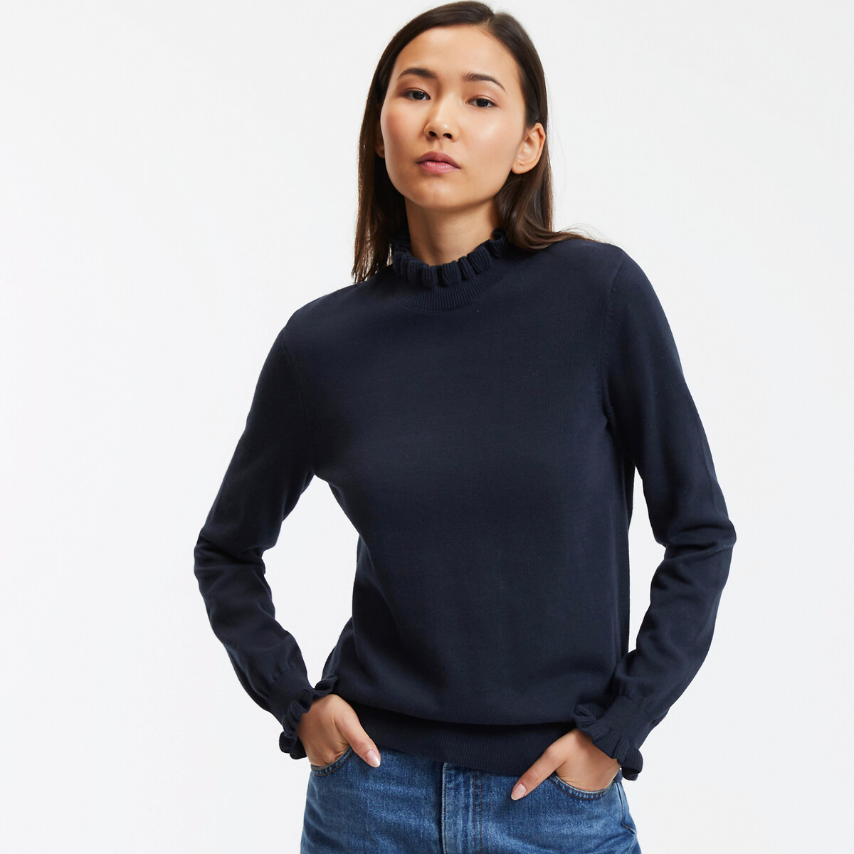 Cotton long sleeve jumper sweater with ruffled high neck La Redoute Collections La Redoute