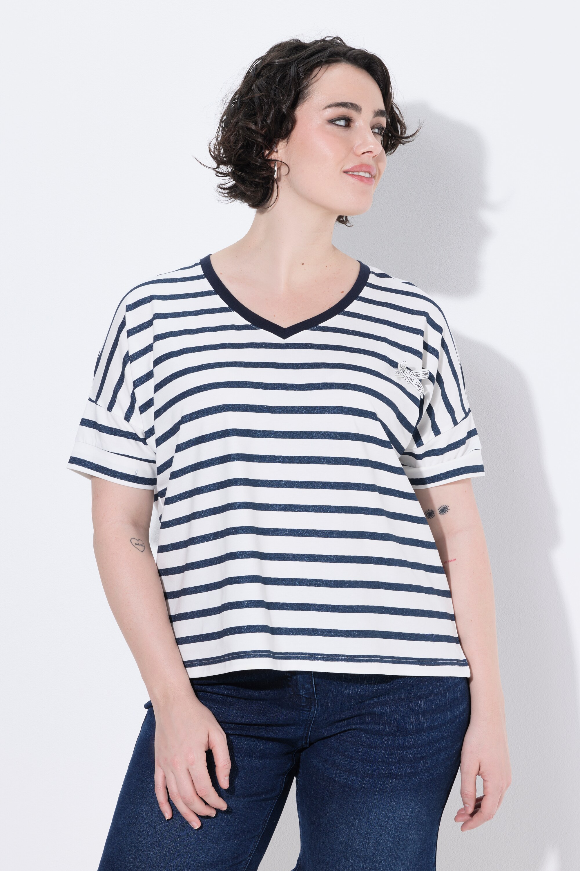 T-shirt, rayures, nœud, col en V, ULLA POPKEN