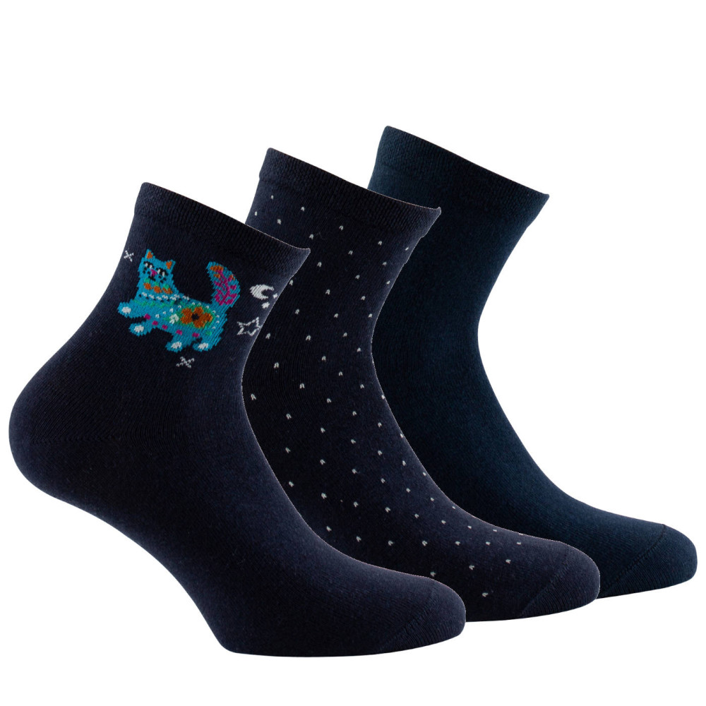 Lot de 3 paires de soquettes en coton Chat et plumetis, KINDY