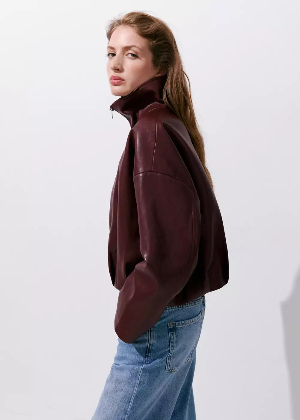 Veste cuir synthétique col cheminée, MANGO