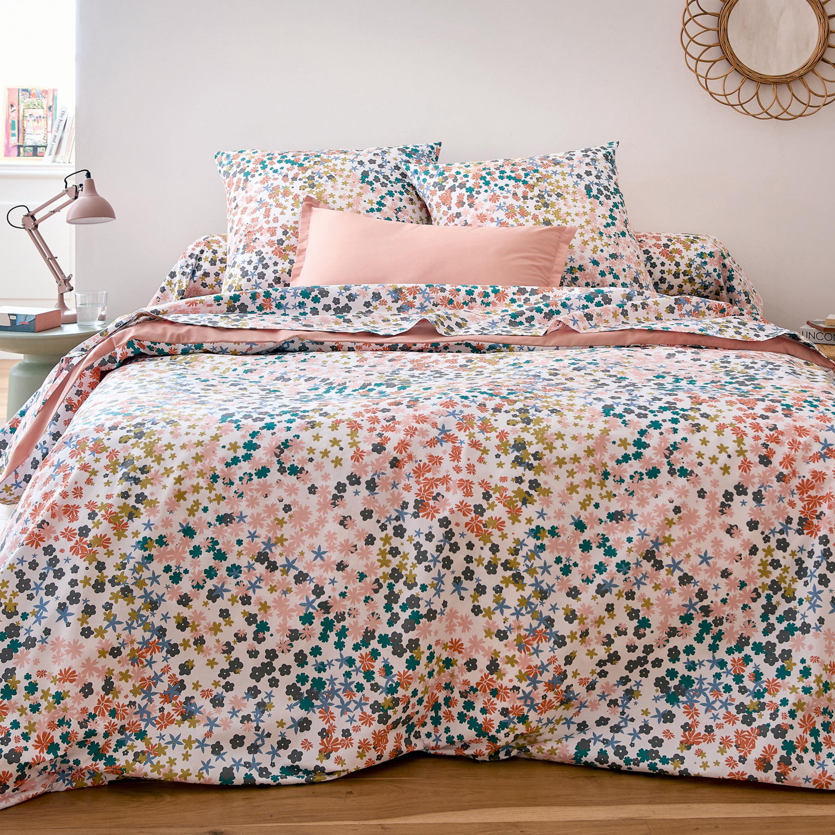 Parure de lit 3 pièces percale de coton 80 fils floral housse + taies, TRADILINGE