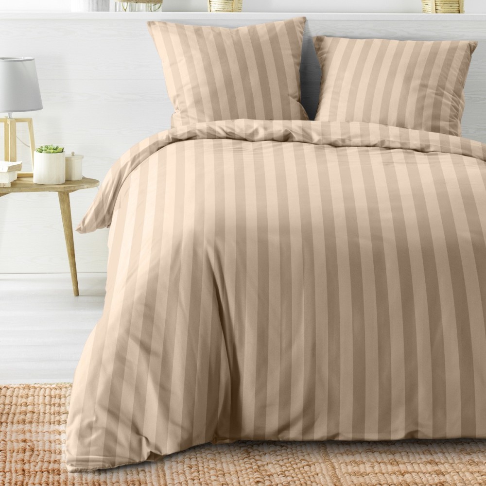 Housse De Couette 220x240 + 2 Taies Rayées Coloris Naturel, DECORATIE