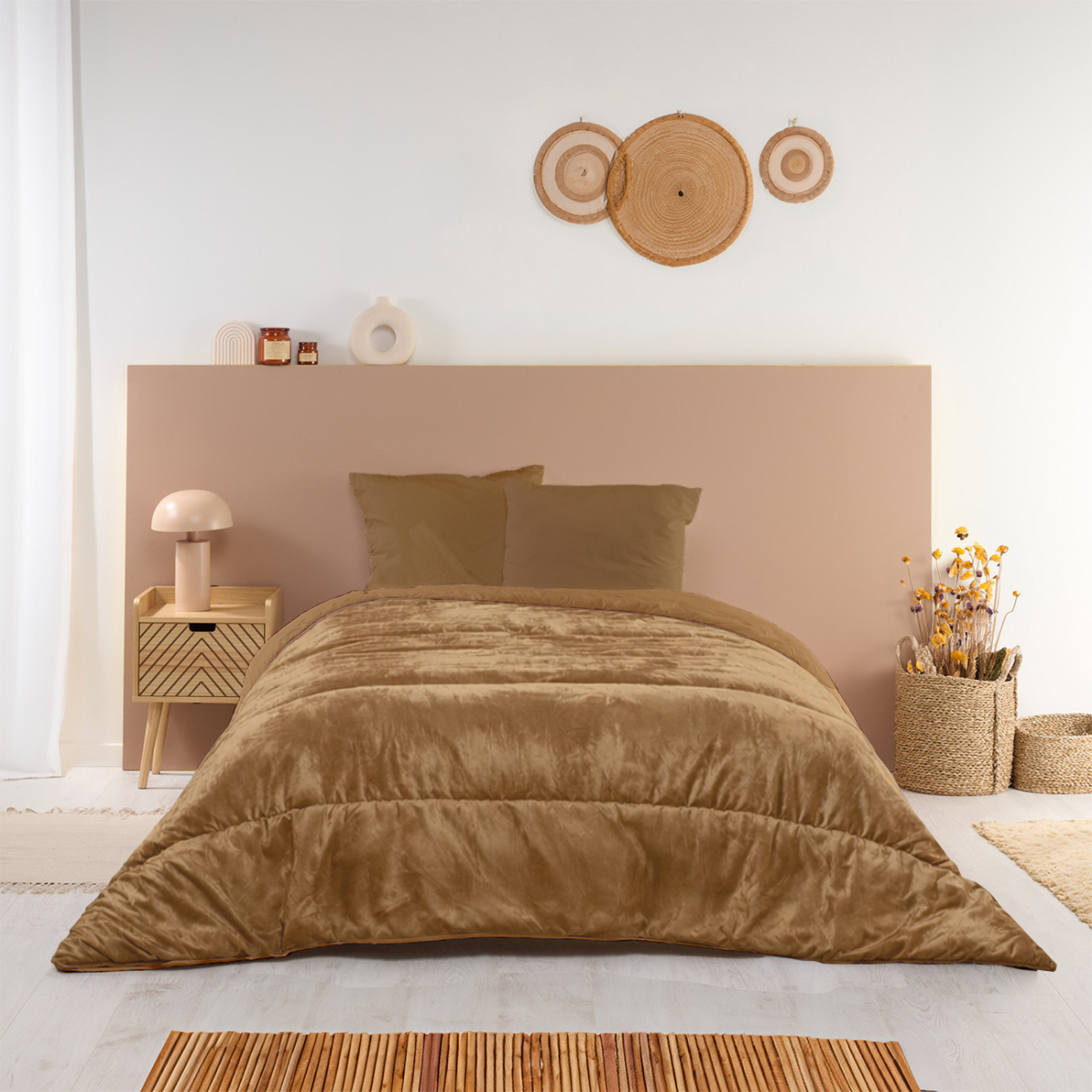 Couette chaude réversible velours uni Moka, BLEU CALIN