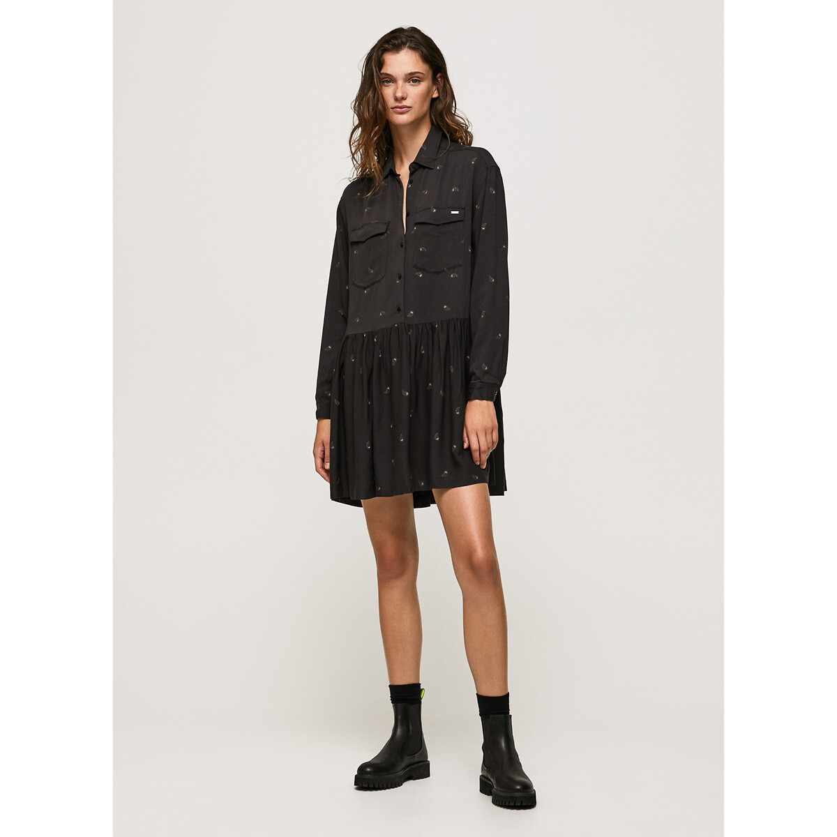 Tiered Mini Shirt Dress with Long Sleeves