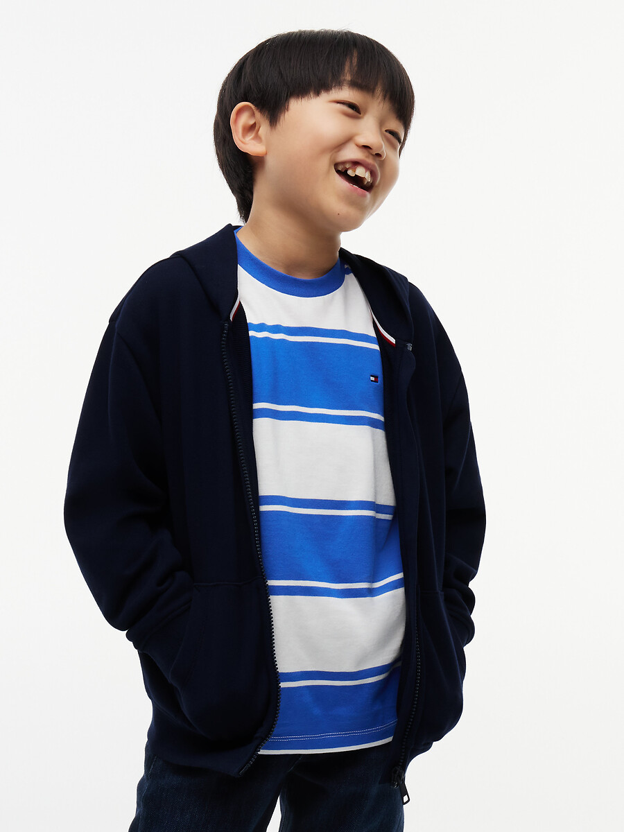 Sweat zippé à capuche, avec écriture sur une manche, en molleton, TOMMY HILFIGER