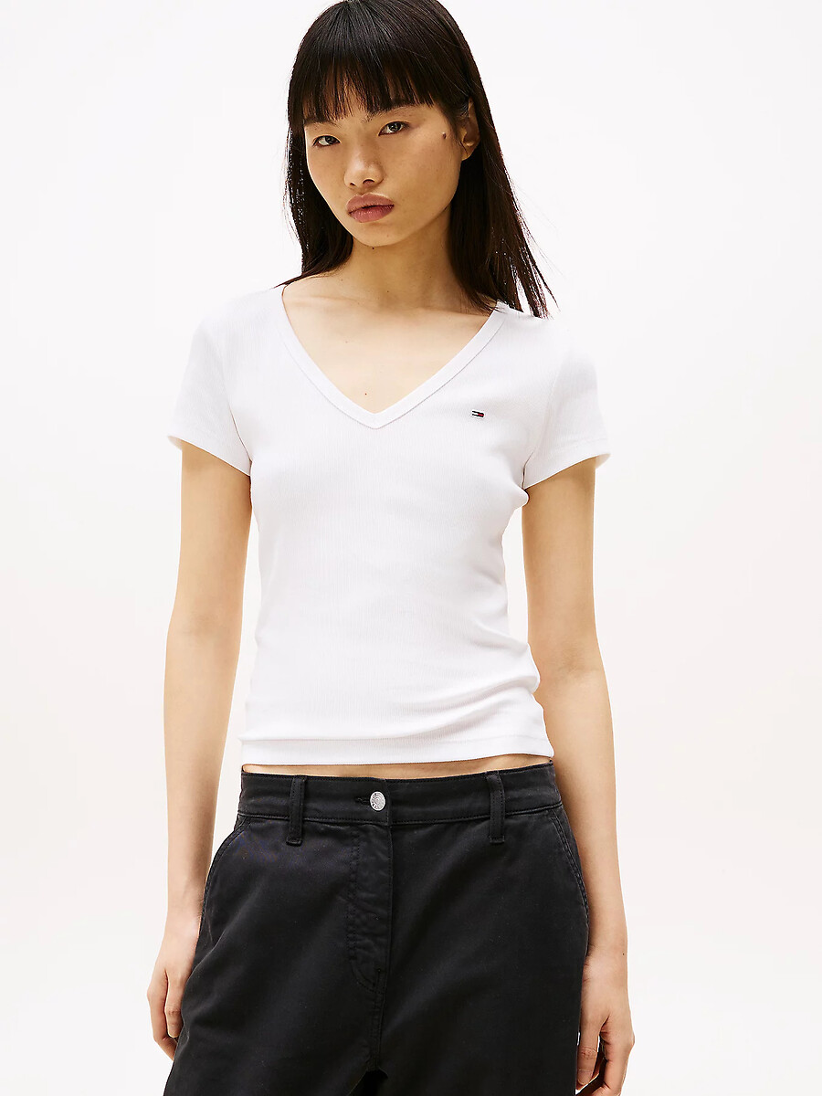 Embroidered Logo Cotton T-Shirt with V-Neck, TOMMY JEANS