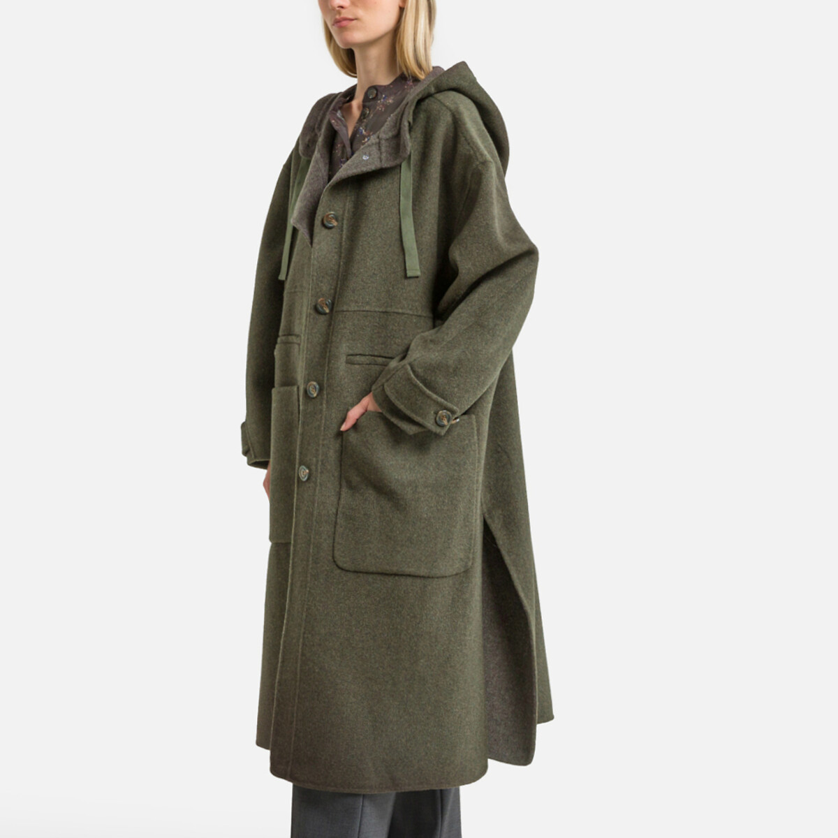 Raoul Long Hooded Coat in Wool Mix with Button Fastening