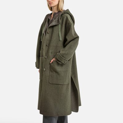 Raoul Long Hooded Coat in Wool Mix with Button Fastening SOEUR