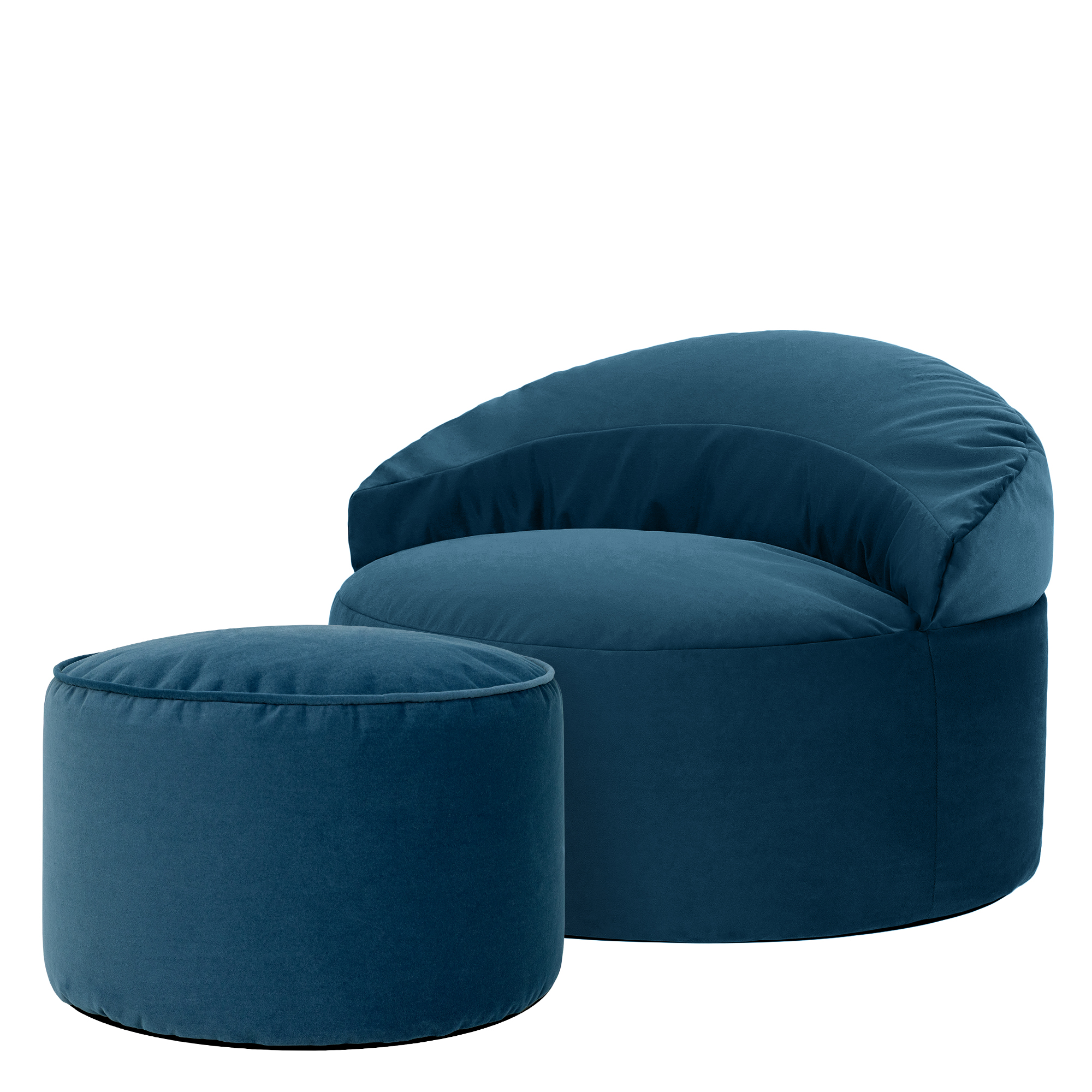 Pouf fauteuil d’appoint décoratif et son repose-pied rond en velours mat Oeko-Tex® - ORB, ICON
