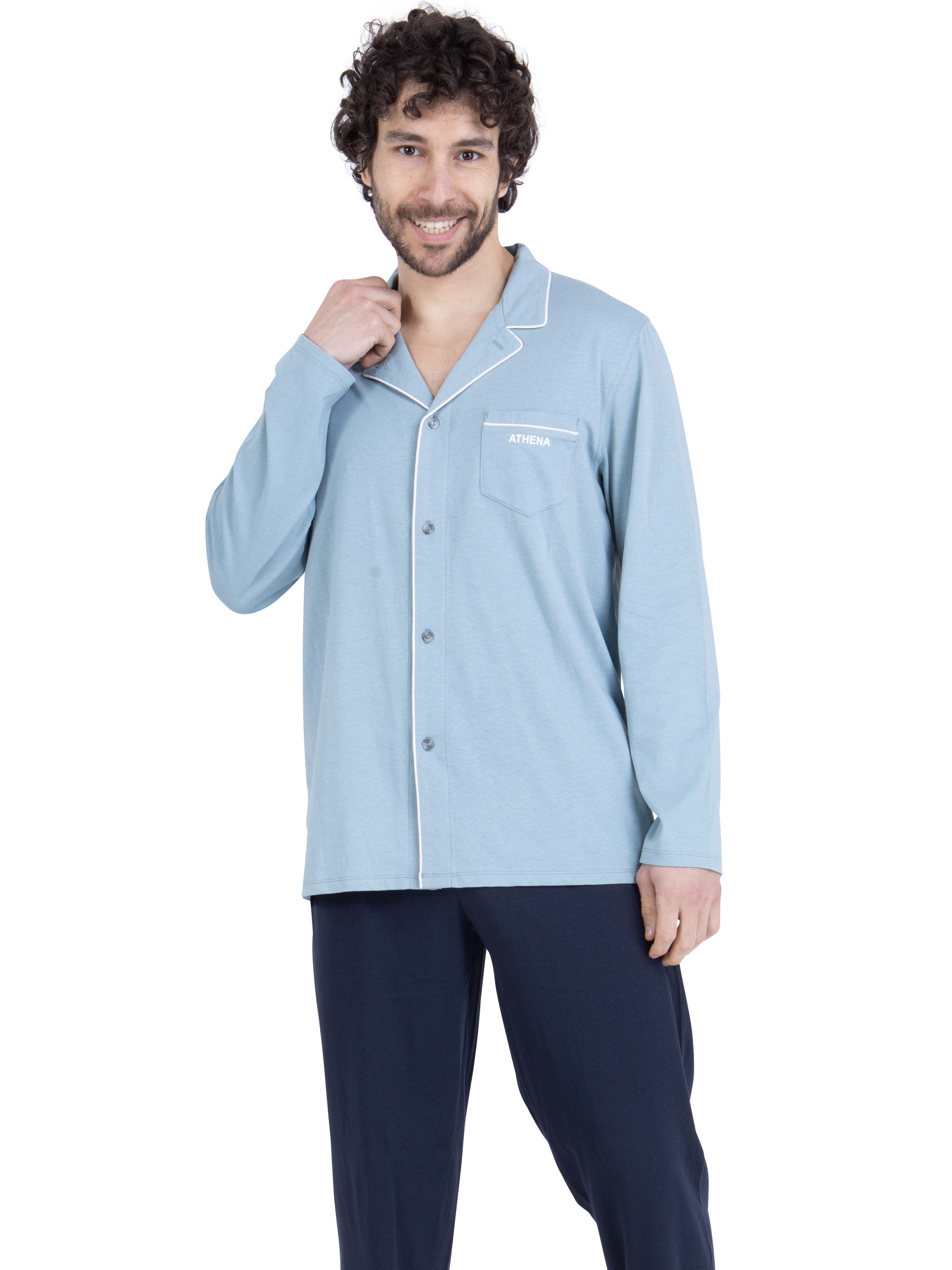 Pyjama long, en coton, col chemise, ATHENA