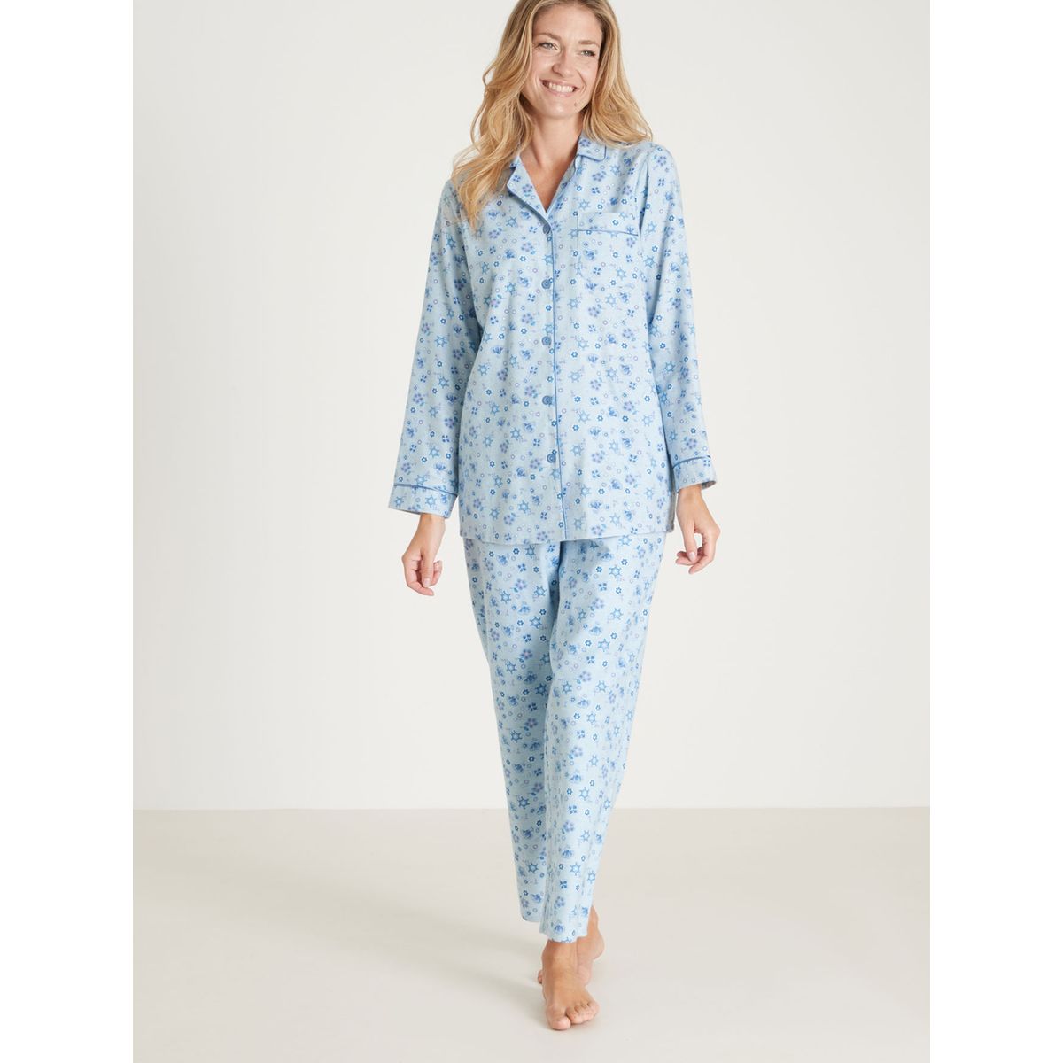 Pyjama en flanelle pur coton femme imprimé bleu Daxon