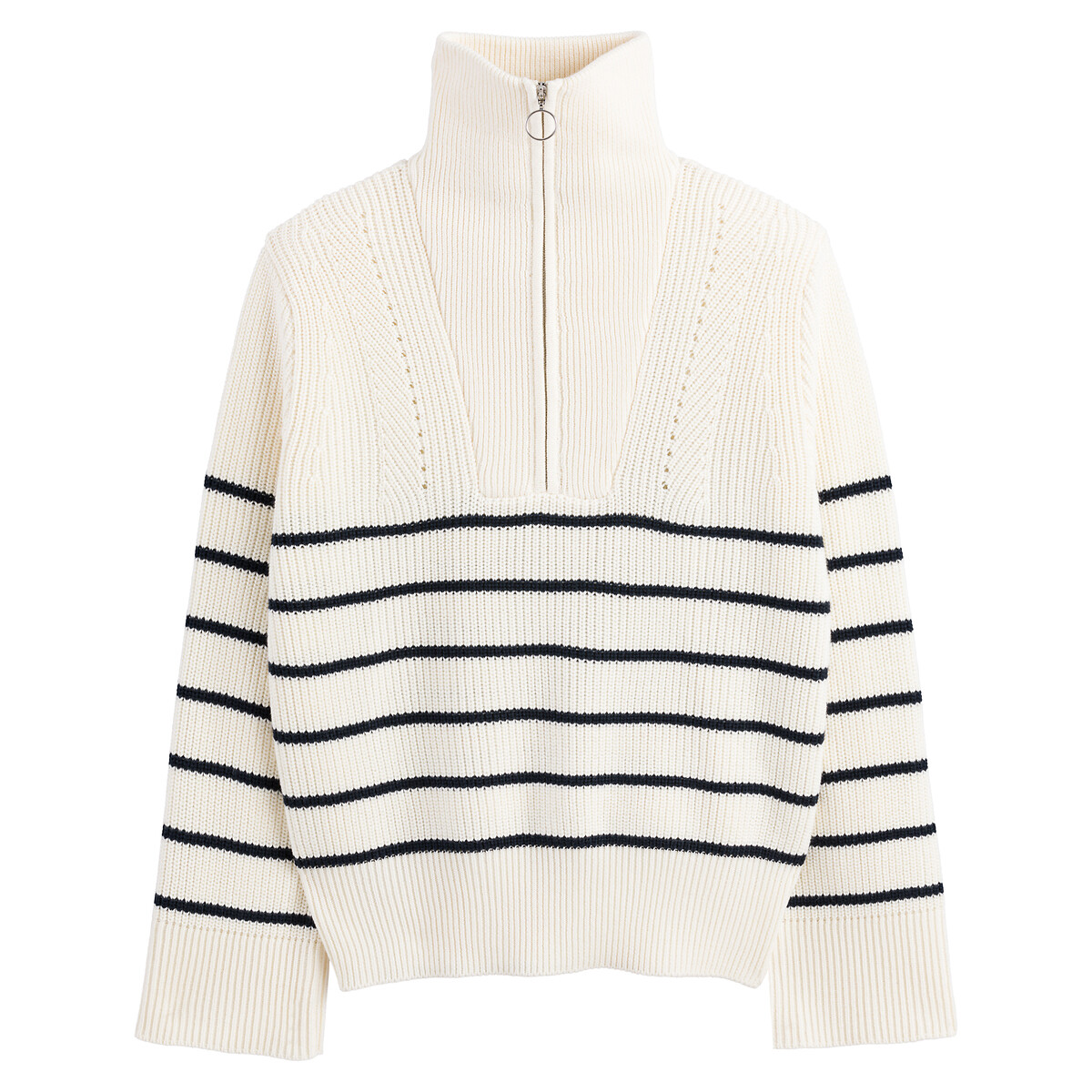 Half zip jumper in cotton mix, ivory / navy stripe, La Redoute