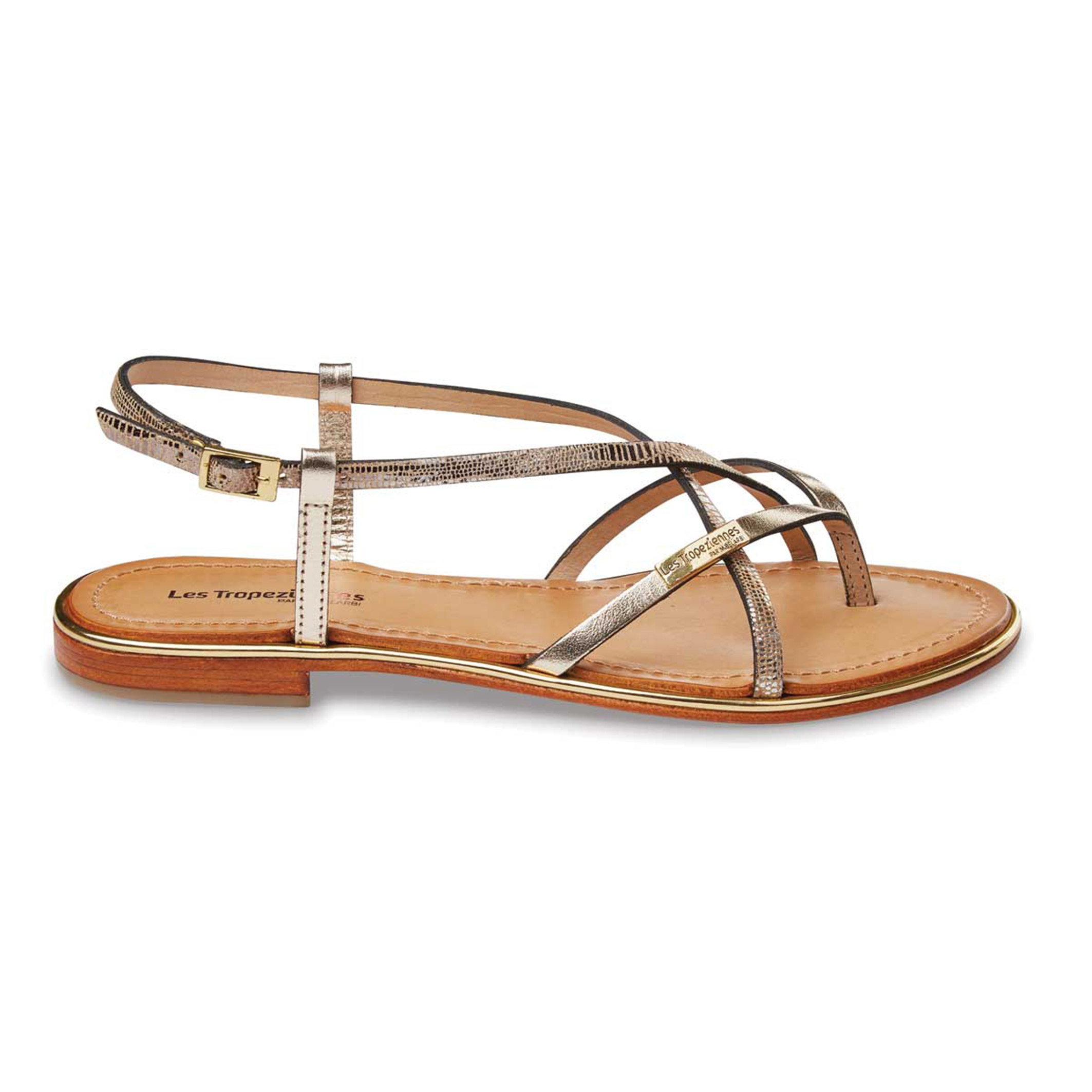 Monaco leather flat sandals with cross-strao , gold-coloured, Les ...