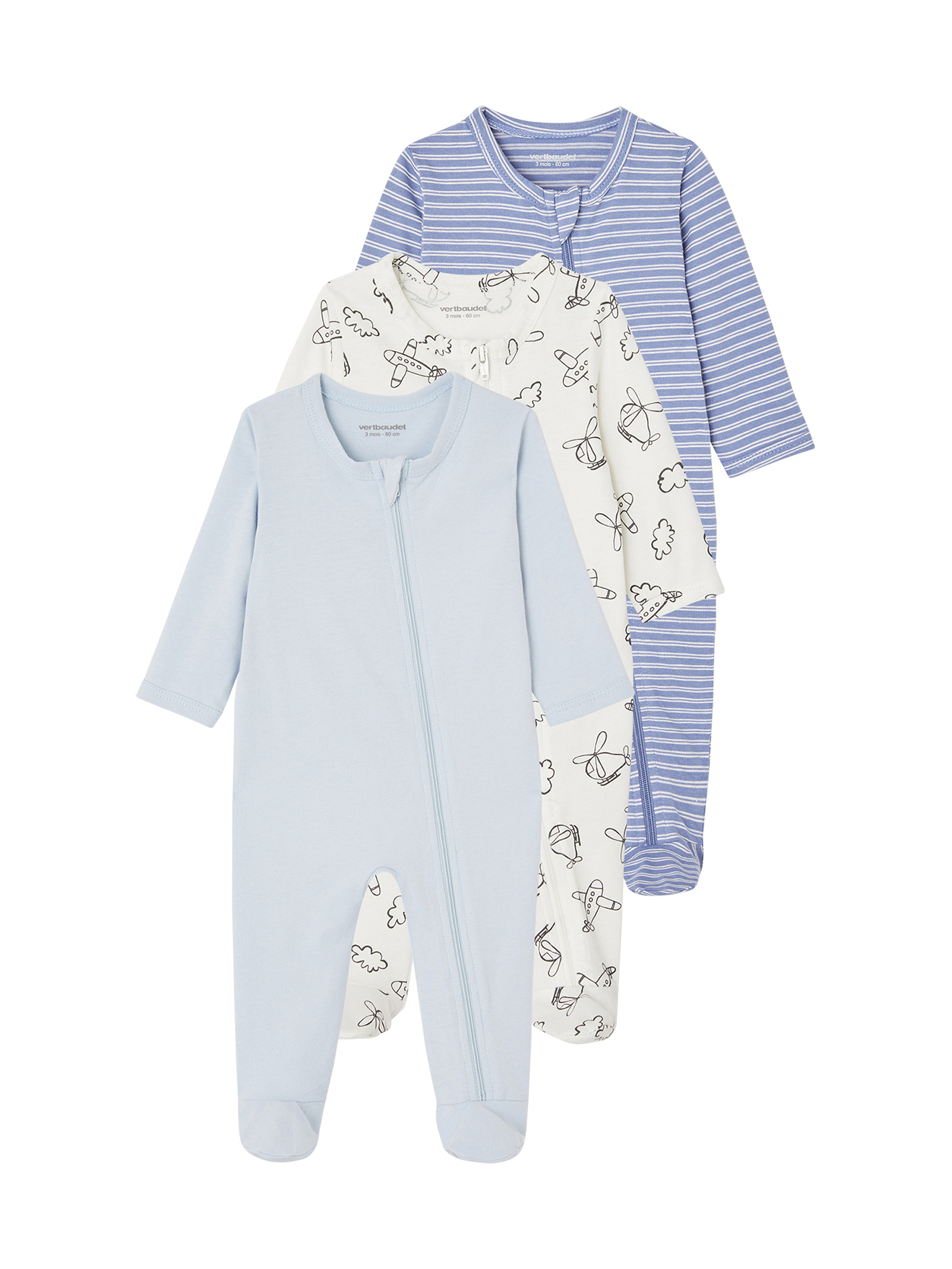 Lot de 3 pyjamas en jersey ouverture zippée BASICS, VERTBAUDET