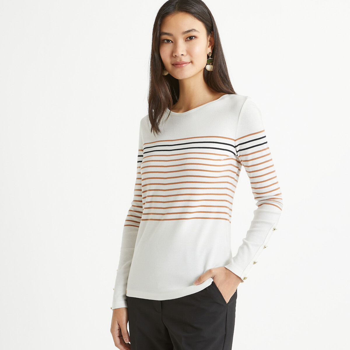 Image of Breton Striped Cotton T-Shirt with Crew Neck and Long Sleeves