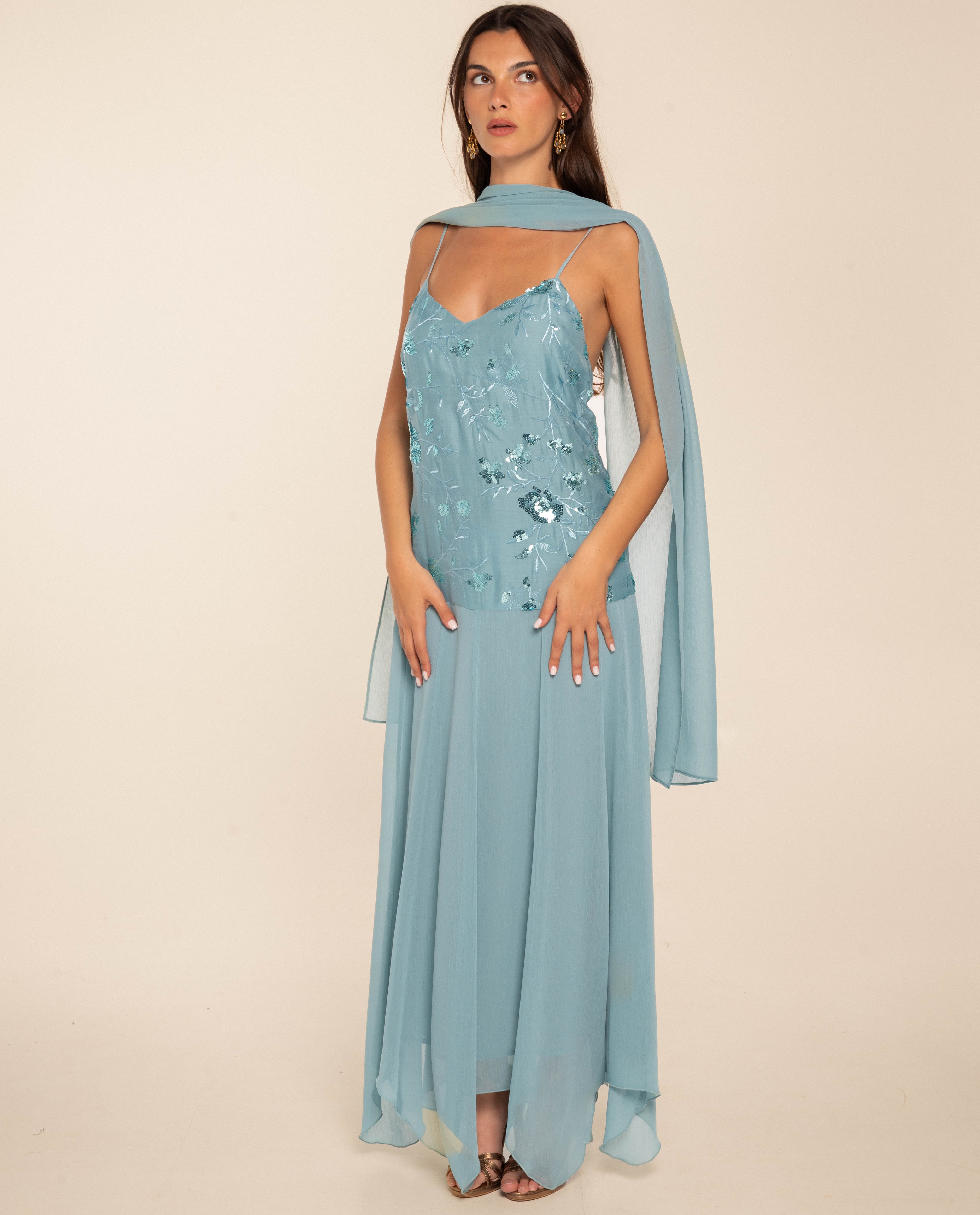 Robe longue en mousseline brodée à fleurs et sequins, THE-ARE