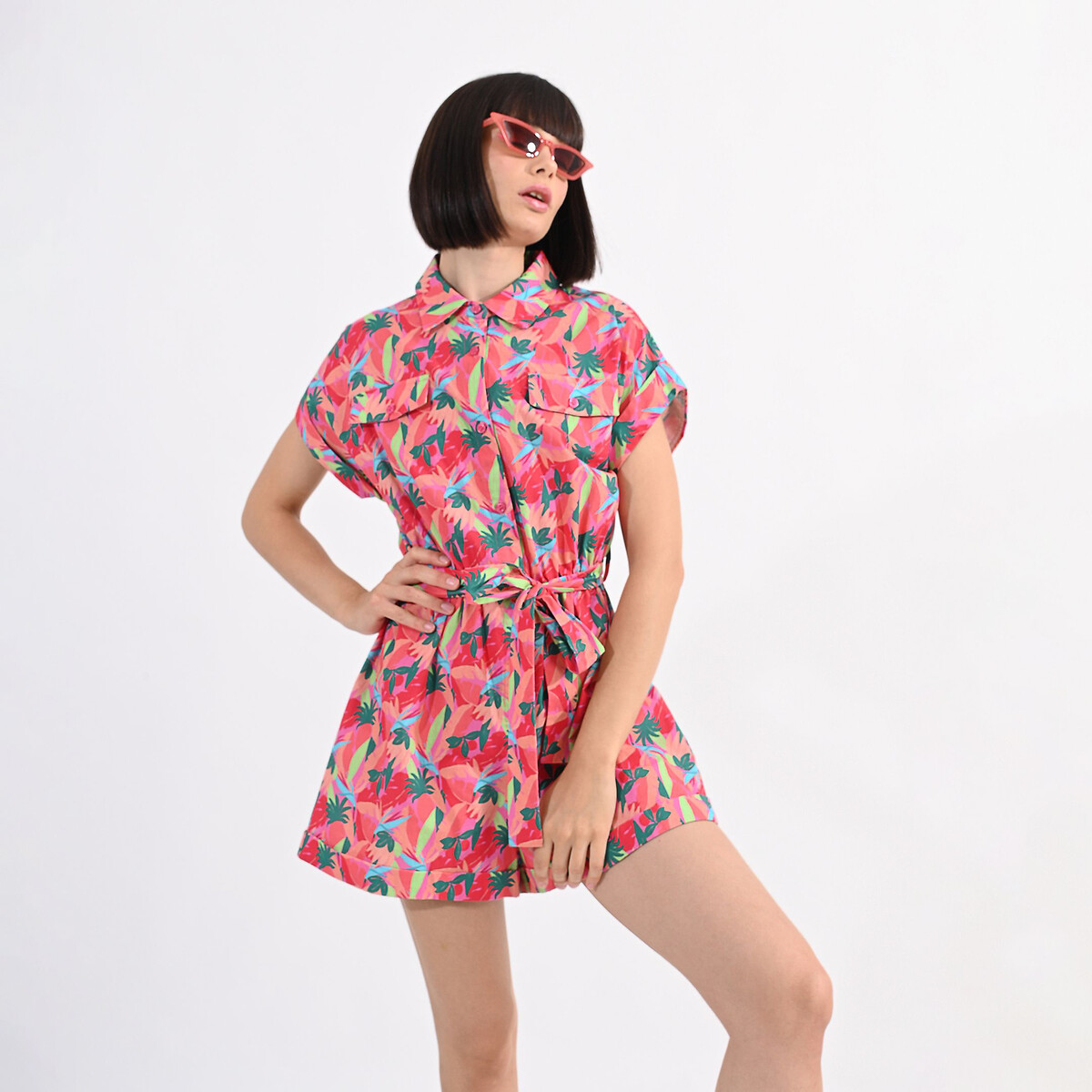 Printed Cotton Playsuit with Tie-Waist