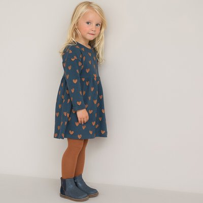 Heart Print Cotton Dress with Long Sleeves LA REDOUTE COLLECTIONS