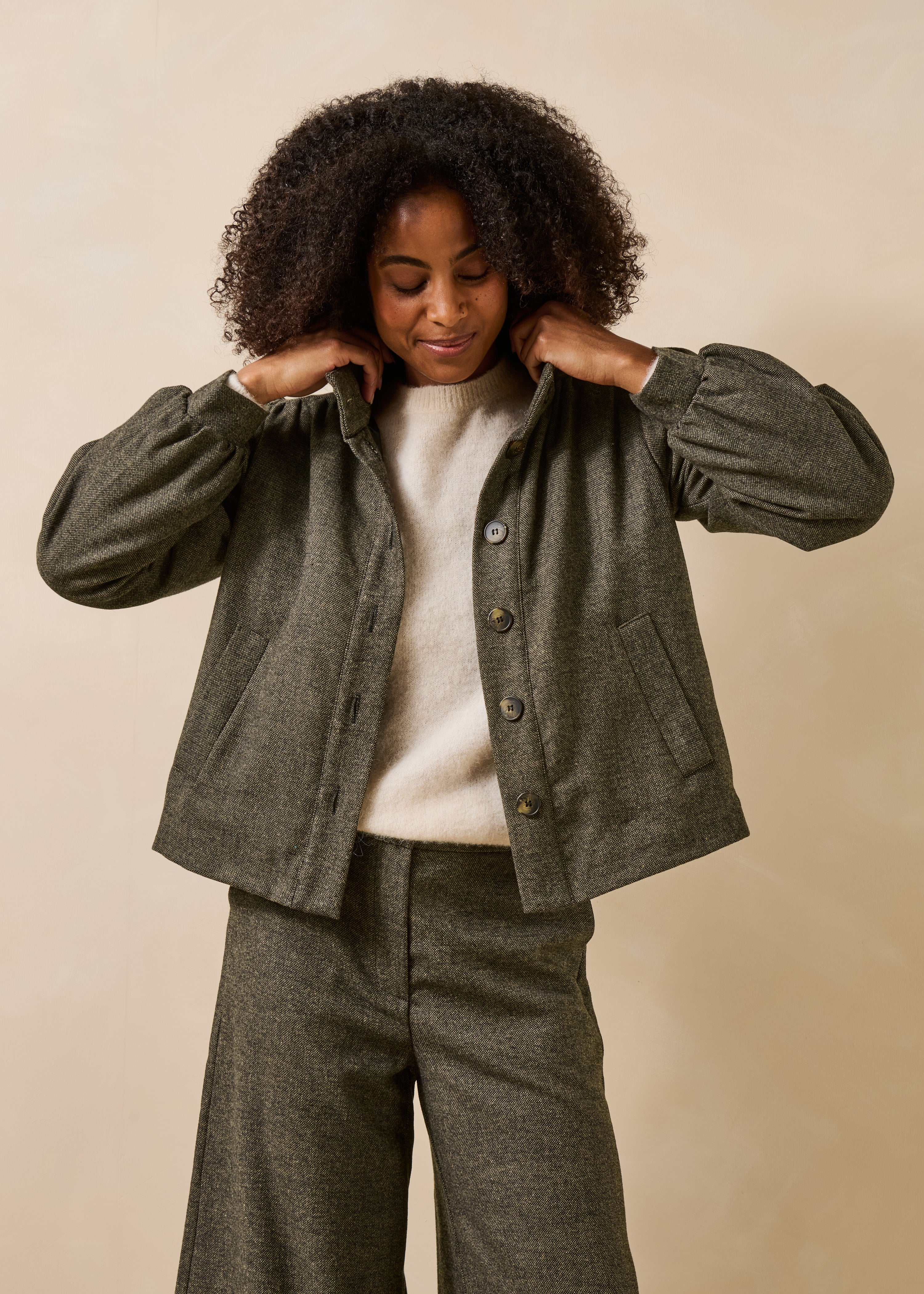 Veste en tweed manches longues col montant, LA FEE MARABOUTEE