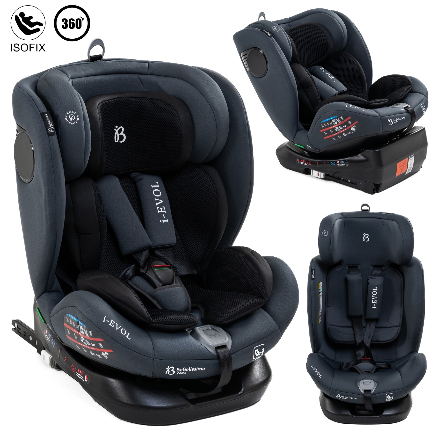 Siège auto Isofix - pivontant 360 ° - 40-150 cm - 0-36kg i- Evol - gris foncé, BEBELISSIMO J'AIME