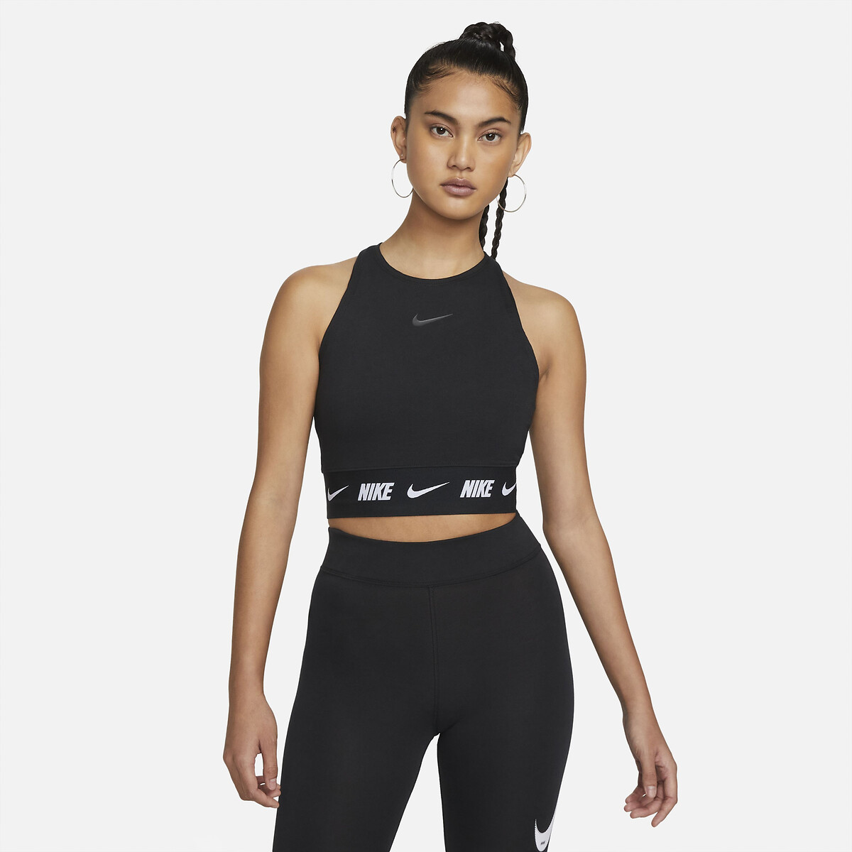 Sportswear crop top with logo print waistband in cotton mix , black ...