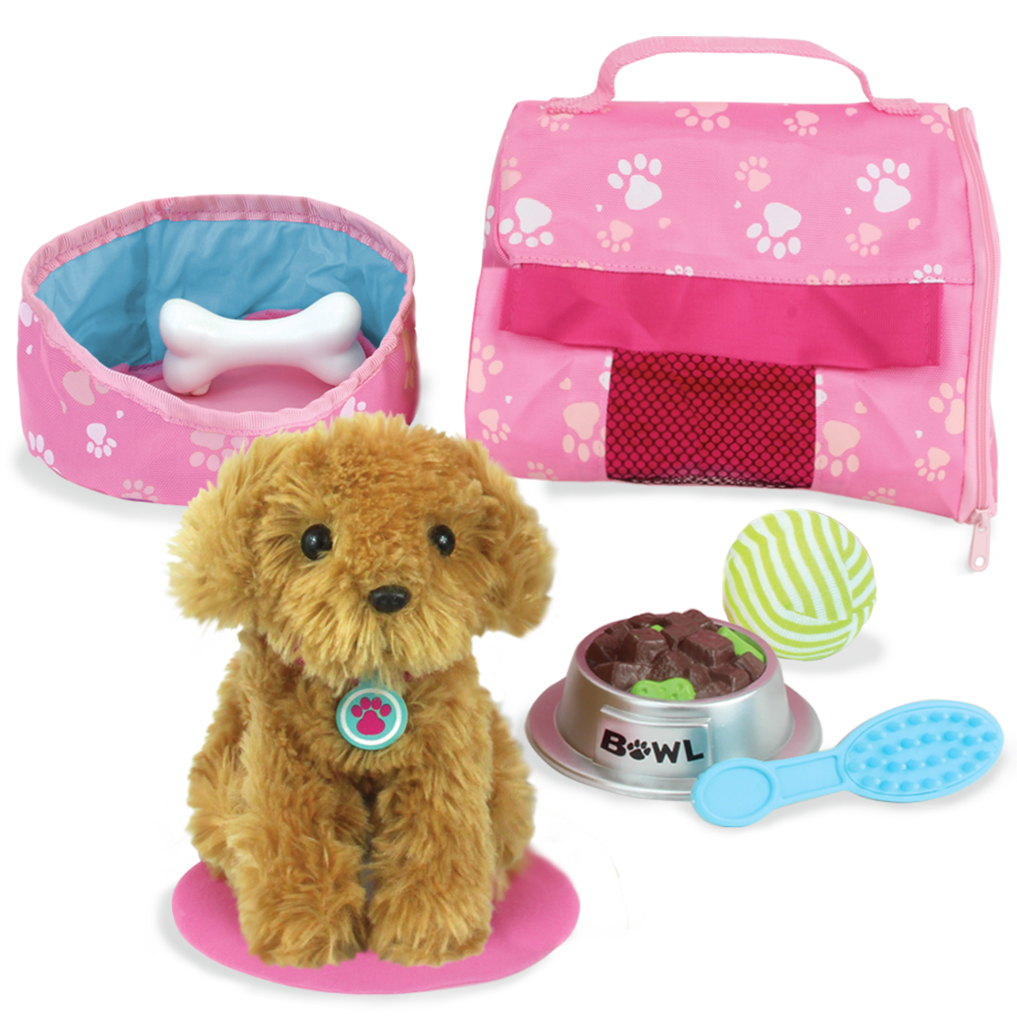 Chien en Peluche avec Sac Rose et 10 Accessoires pour Poupée, TEAMSON KIDS
