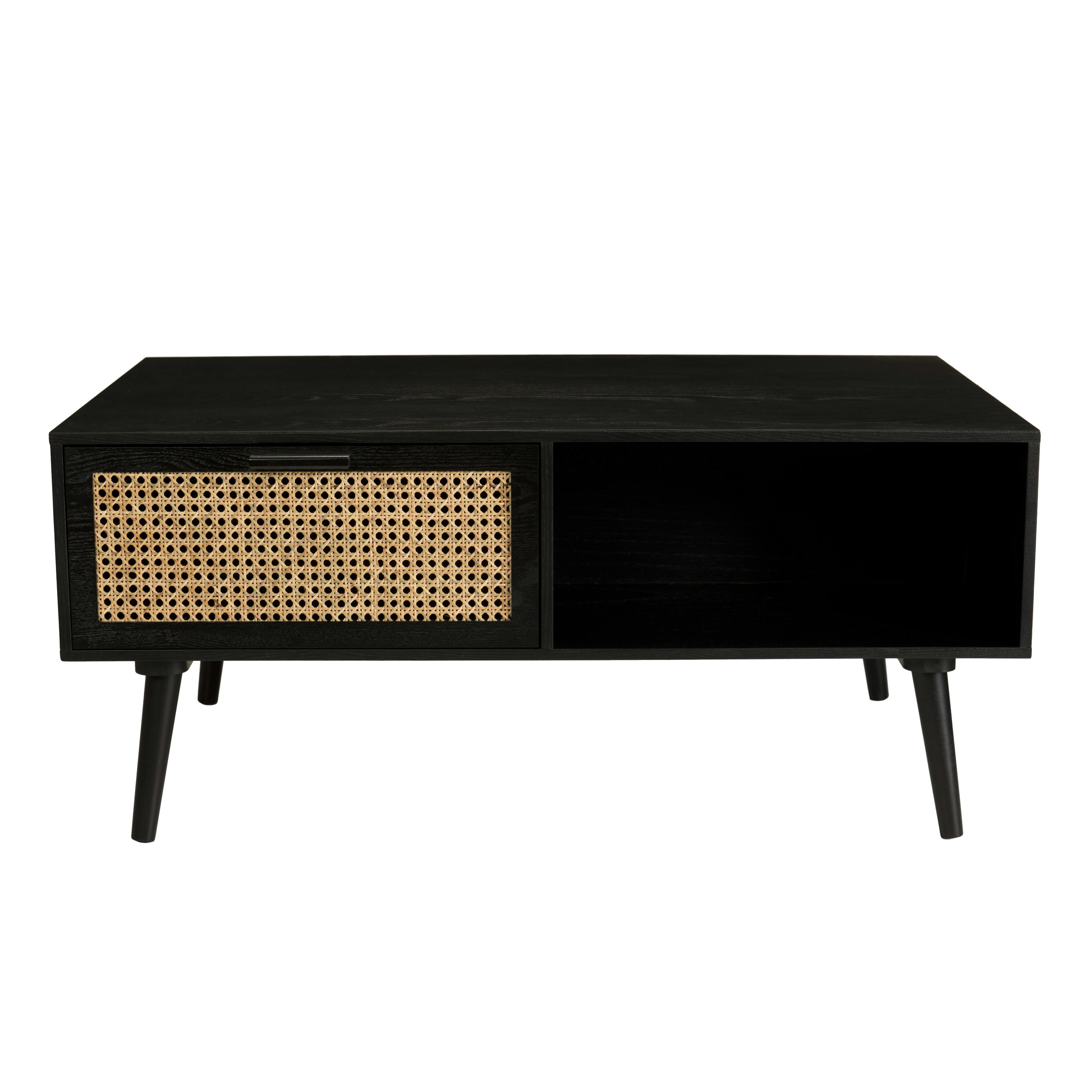 Table basse en bois noir 100x60cm avec tiroir en cannage rotin style contemporain PALMA, PIER IMPORT