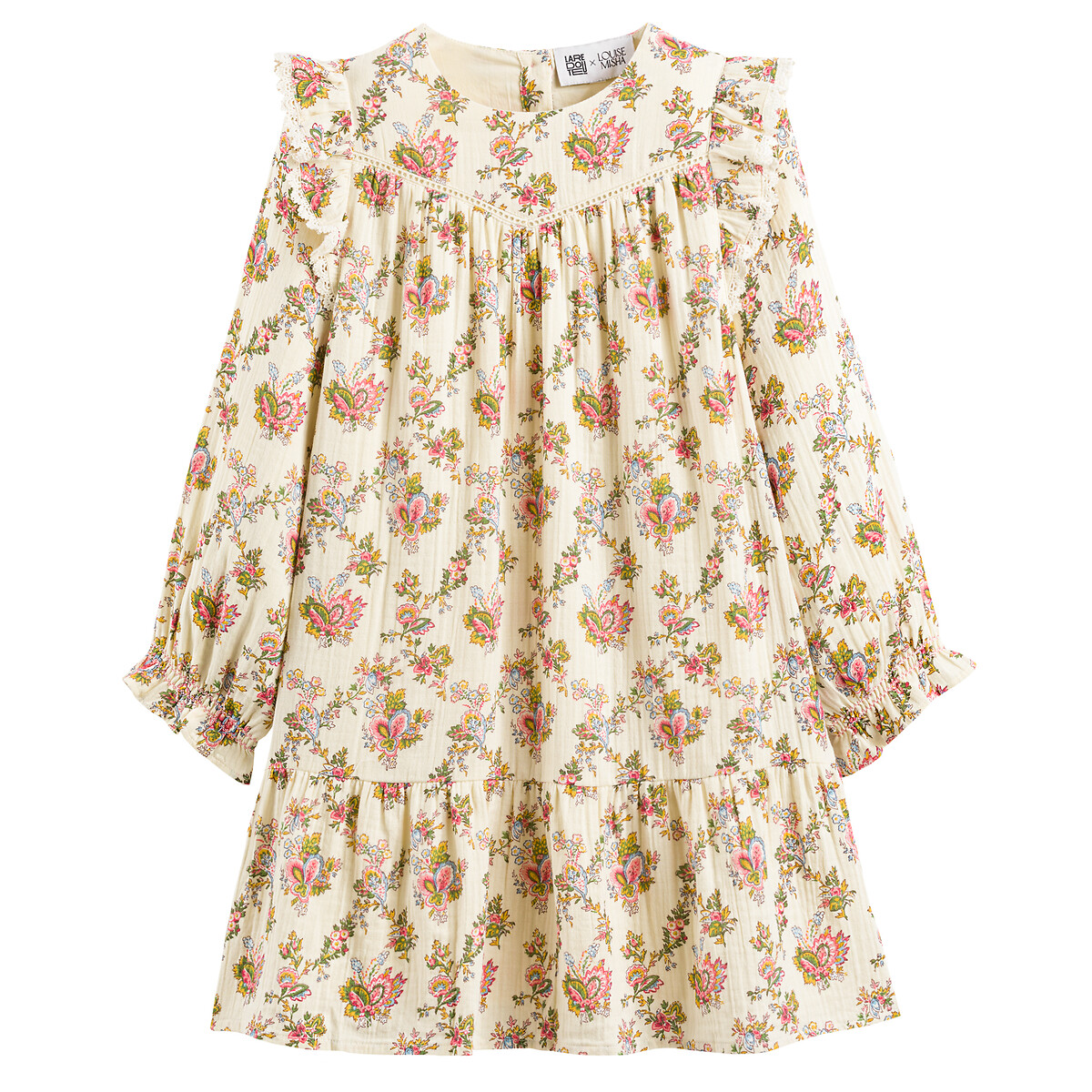 Double Cotton Muslin Dress in Floral Print with Long Sleeves