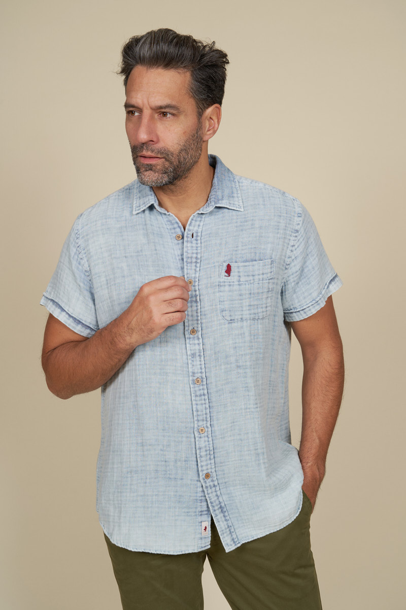 Chemise manche courte unie jean en mousseline, MCS