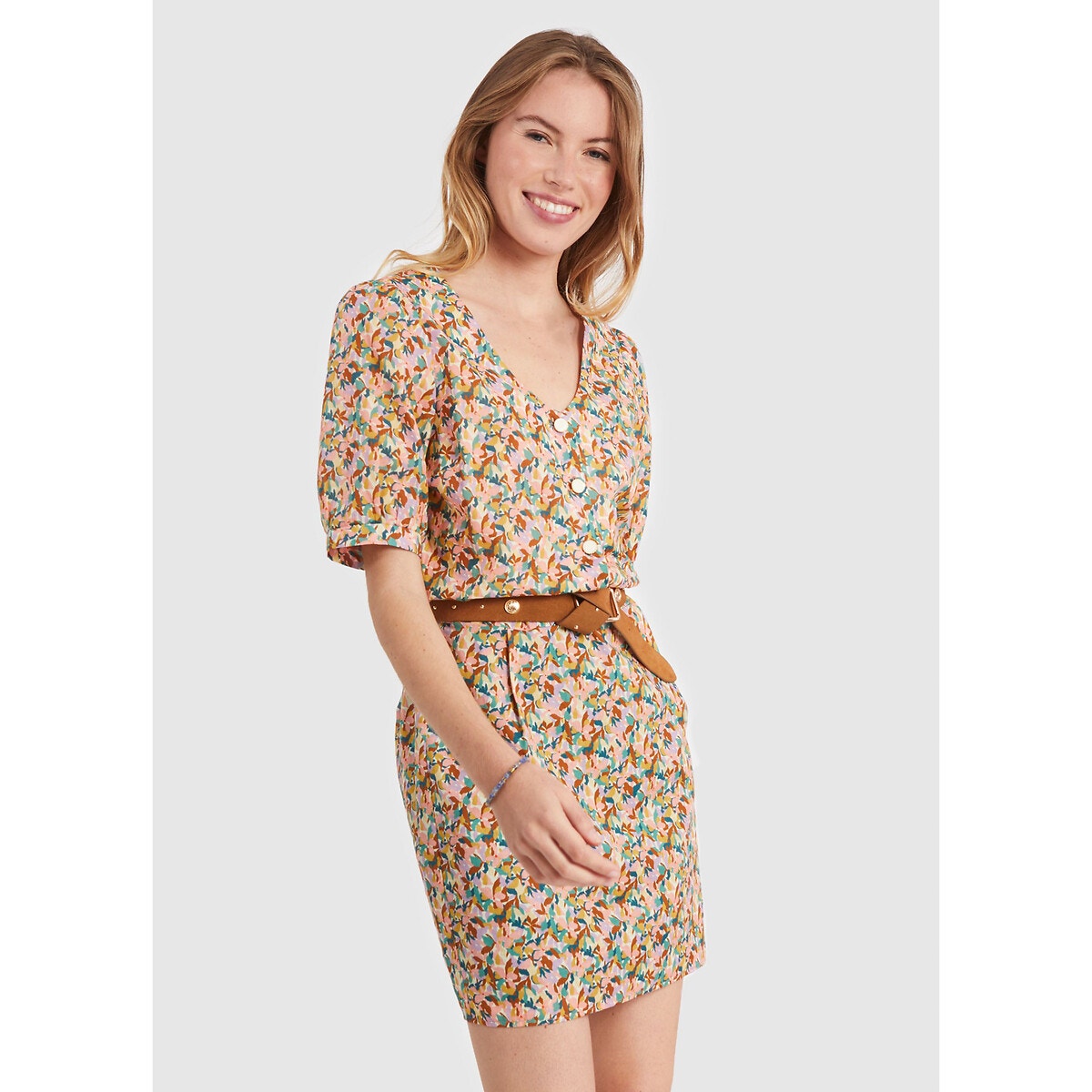 Robe courte manches courtes col v imprim fleuri rose Icode La