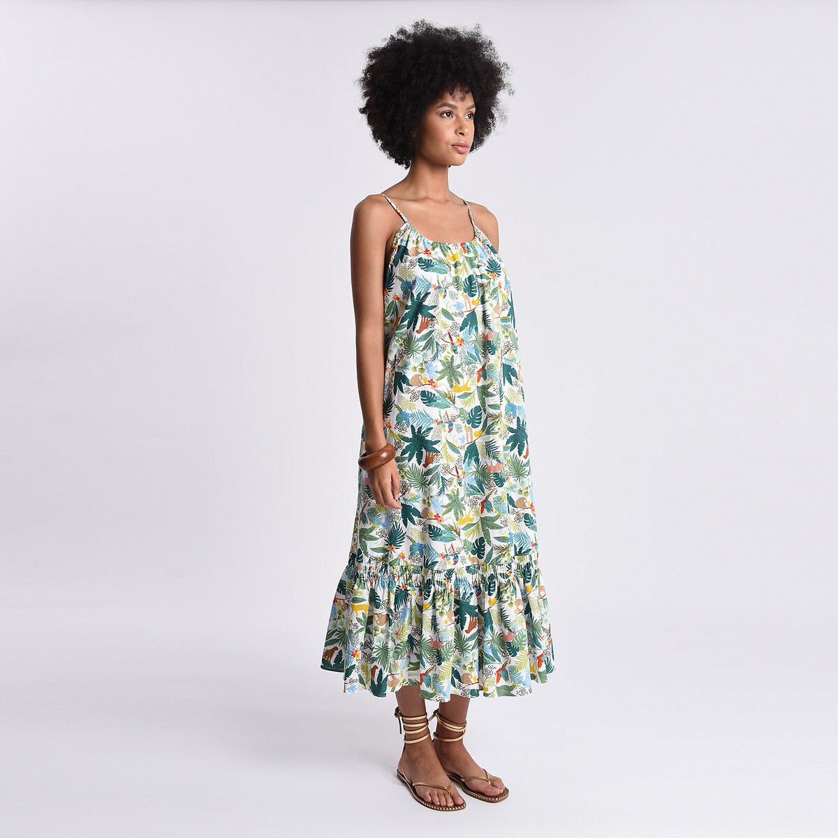 Printed midaxi cami dress in cotton 