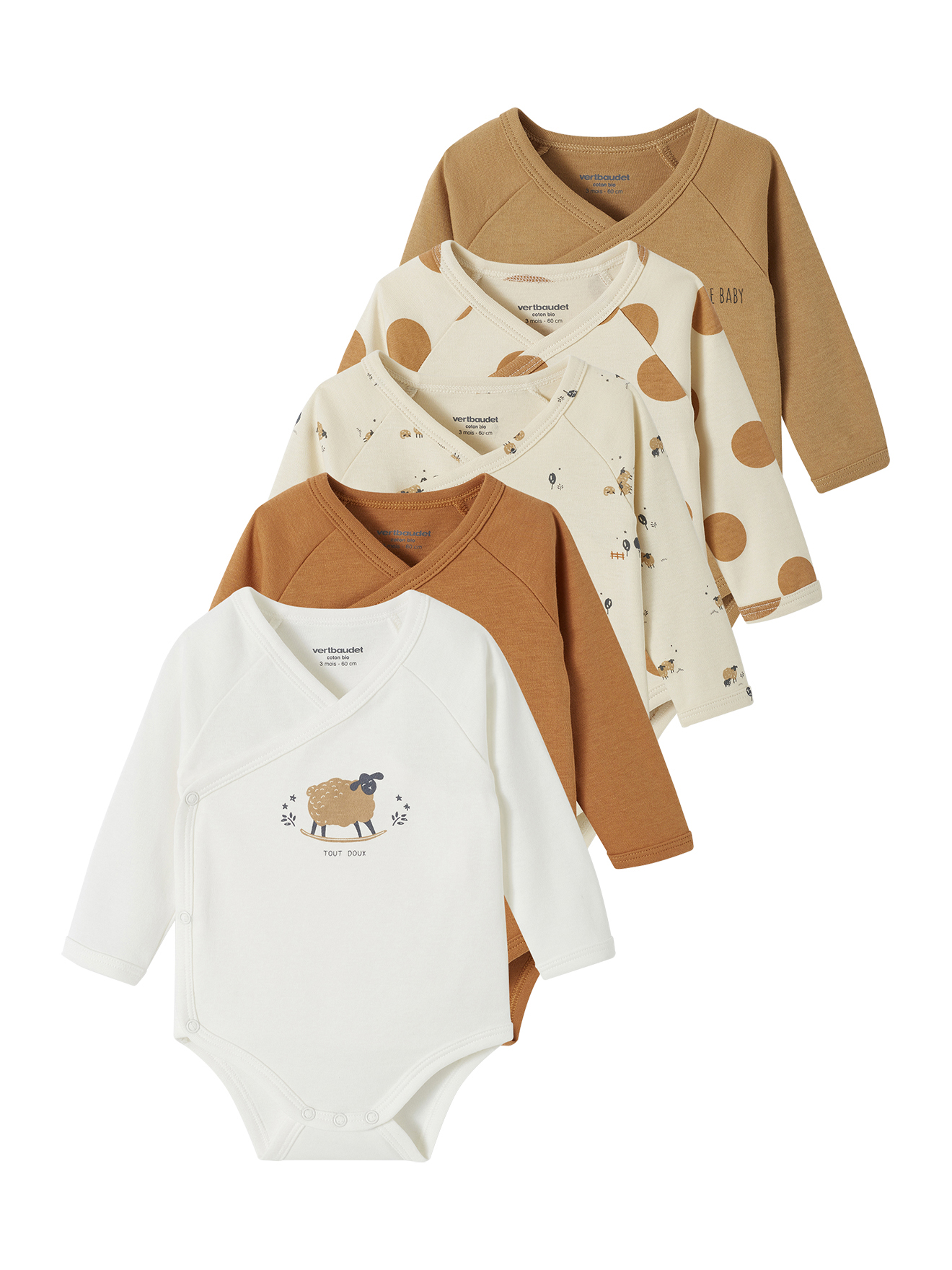 Lot de 5 bodies ouverture naissance en coton biologique, VERTBAUDET