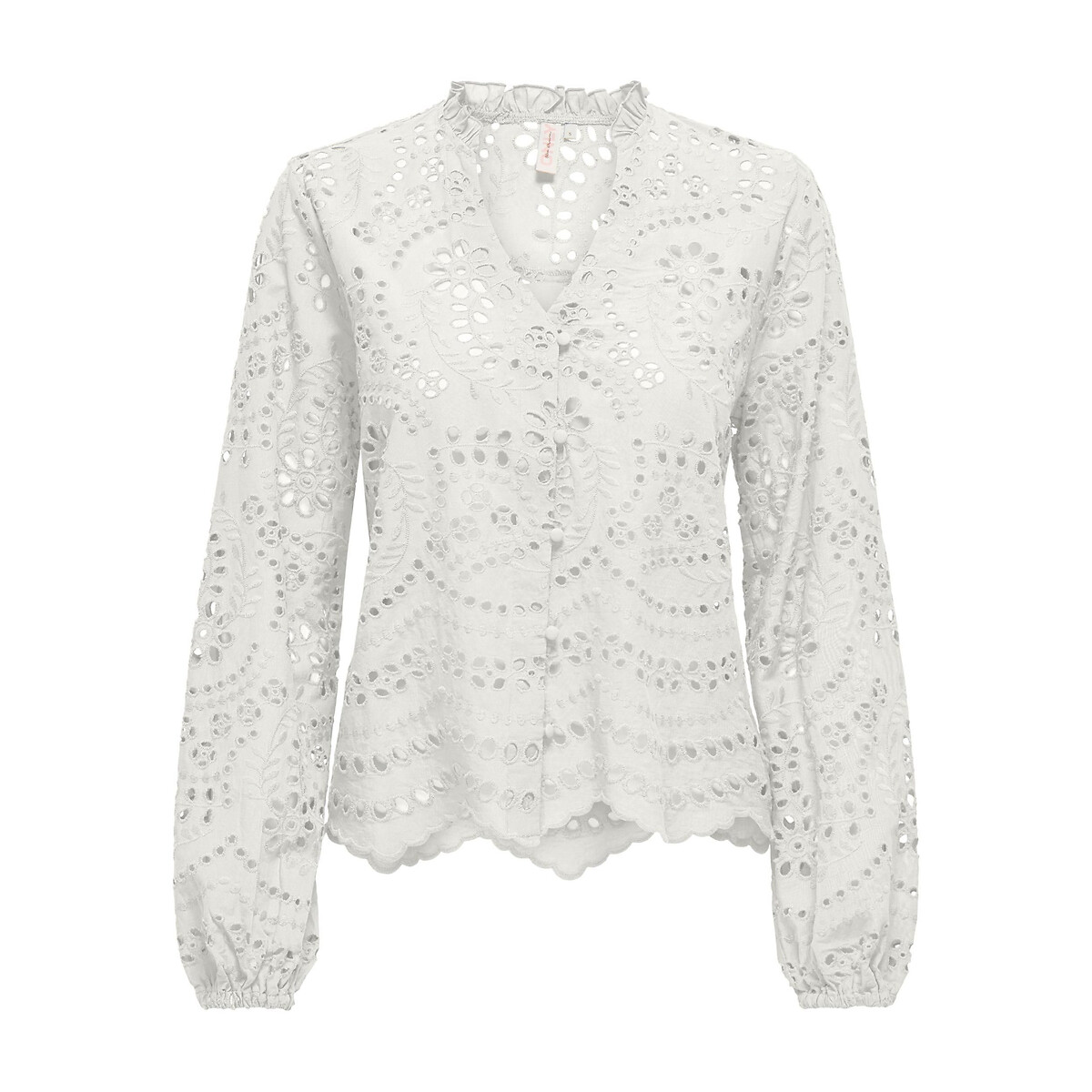 Image of Broderie Anglaise Cotton Blouse with V-Neck