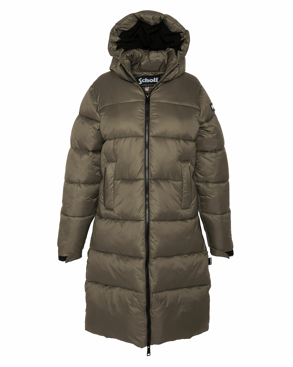 COLLUSION Unisex - Piumino lungo color pietra con cappuccio