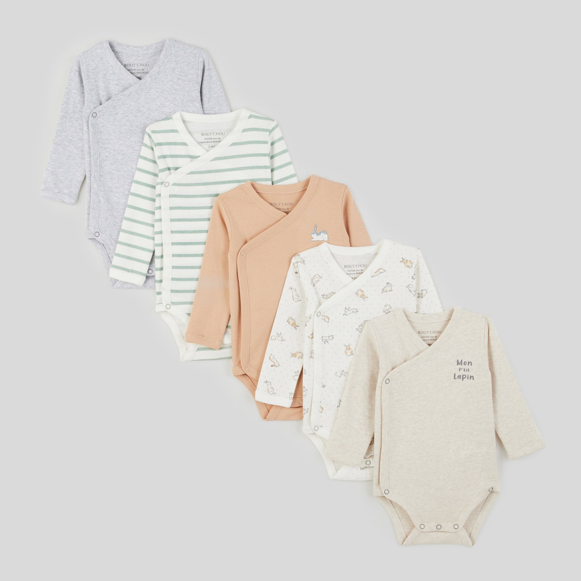 Lot de 5 bodies croisés manches longues imprimé en coton BIO, BOUT'CHOU