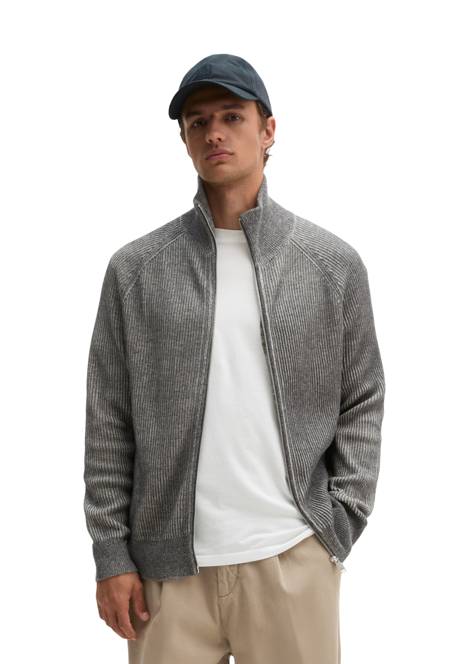 Cardigan à col montant, coupe régulière en mélange de coton bio et de laine vierge, MARC O'POLO