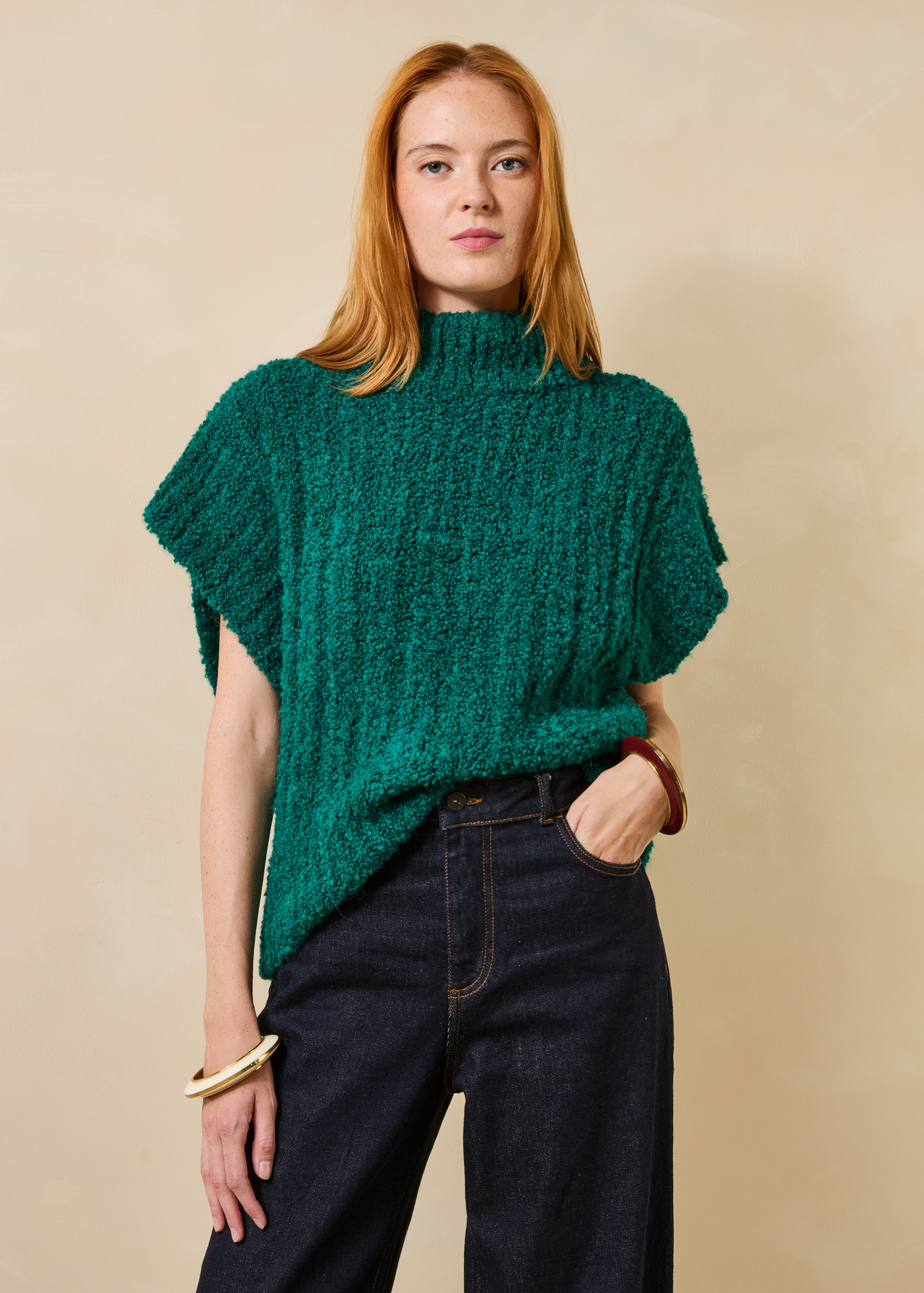 Pull sans manches en maille bouclette col montant, LA FEE MARABOUTEE