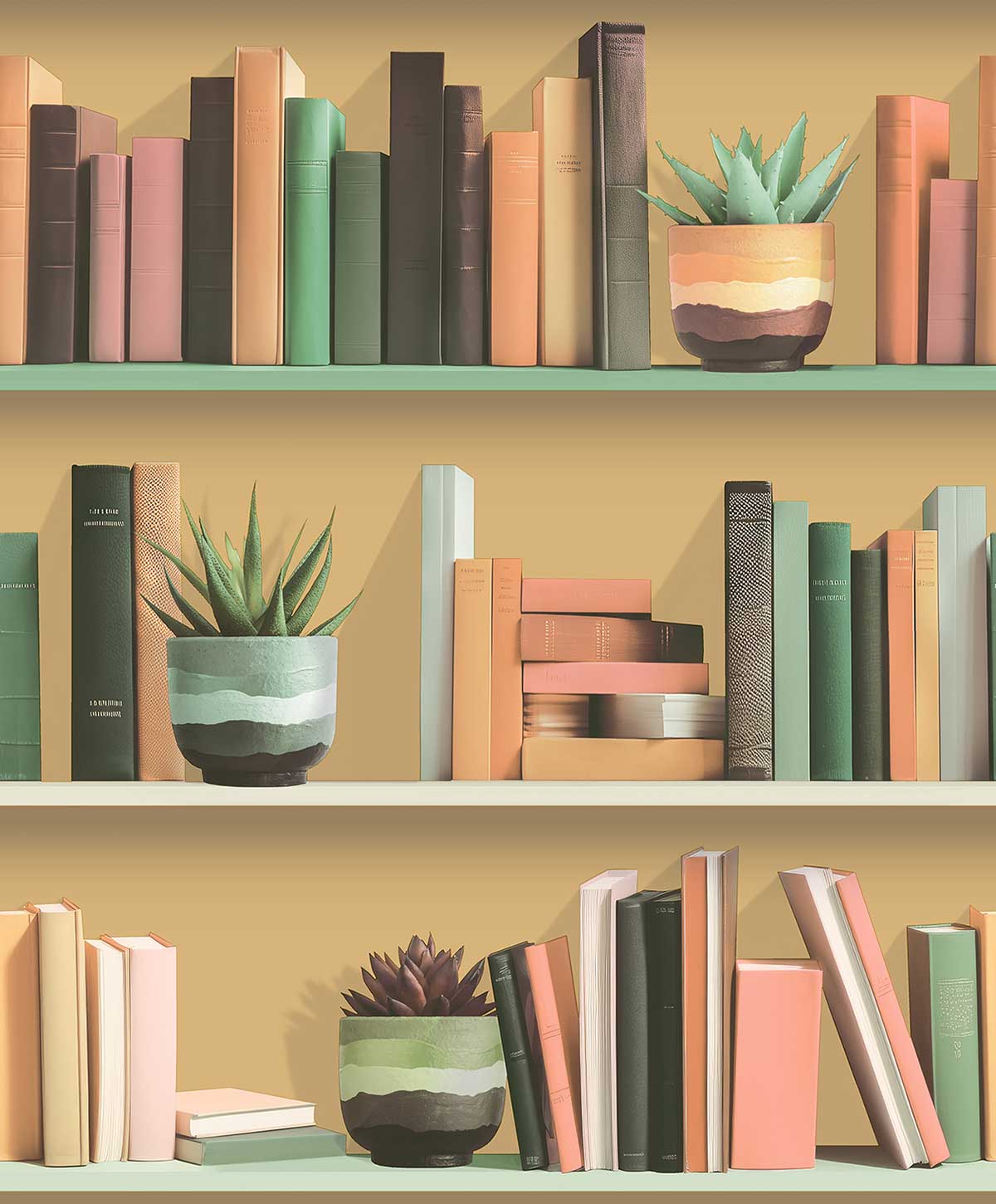 Papier peint étagères livres fond beige chaleureux, HEXOA