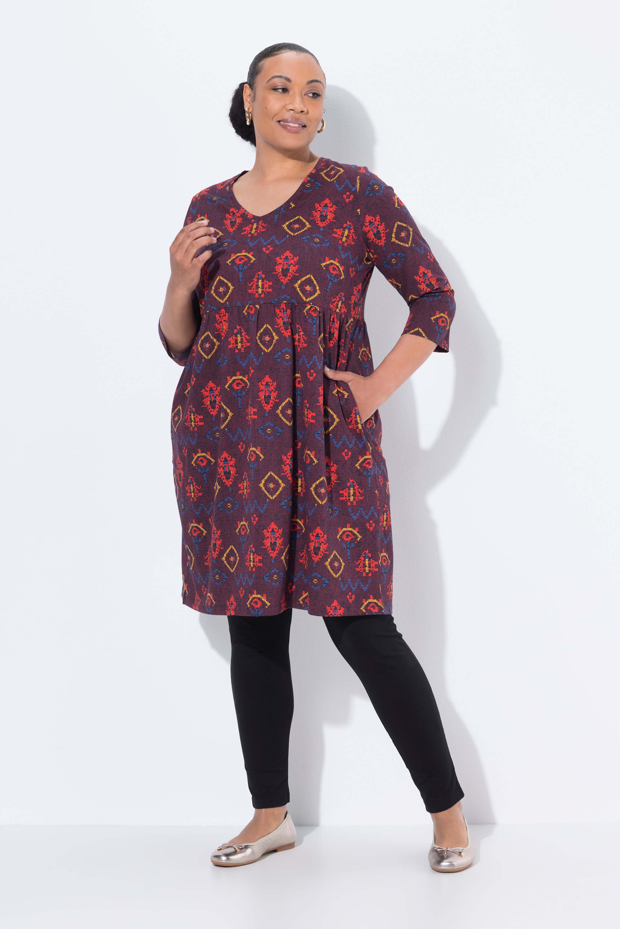 T-shirt long, décolleté en V et manches 3/4, ULLA POPKEN