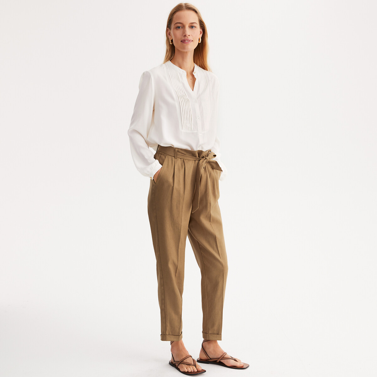 Blouse col rond en viscose fluide, plastron plis piqués, manches longues, ANNE WEYBURN