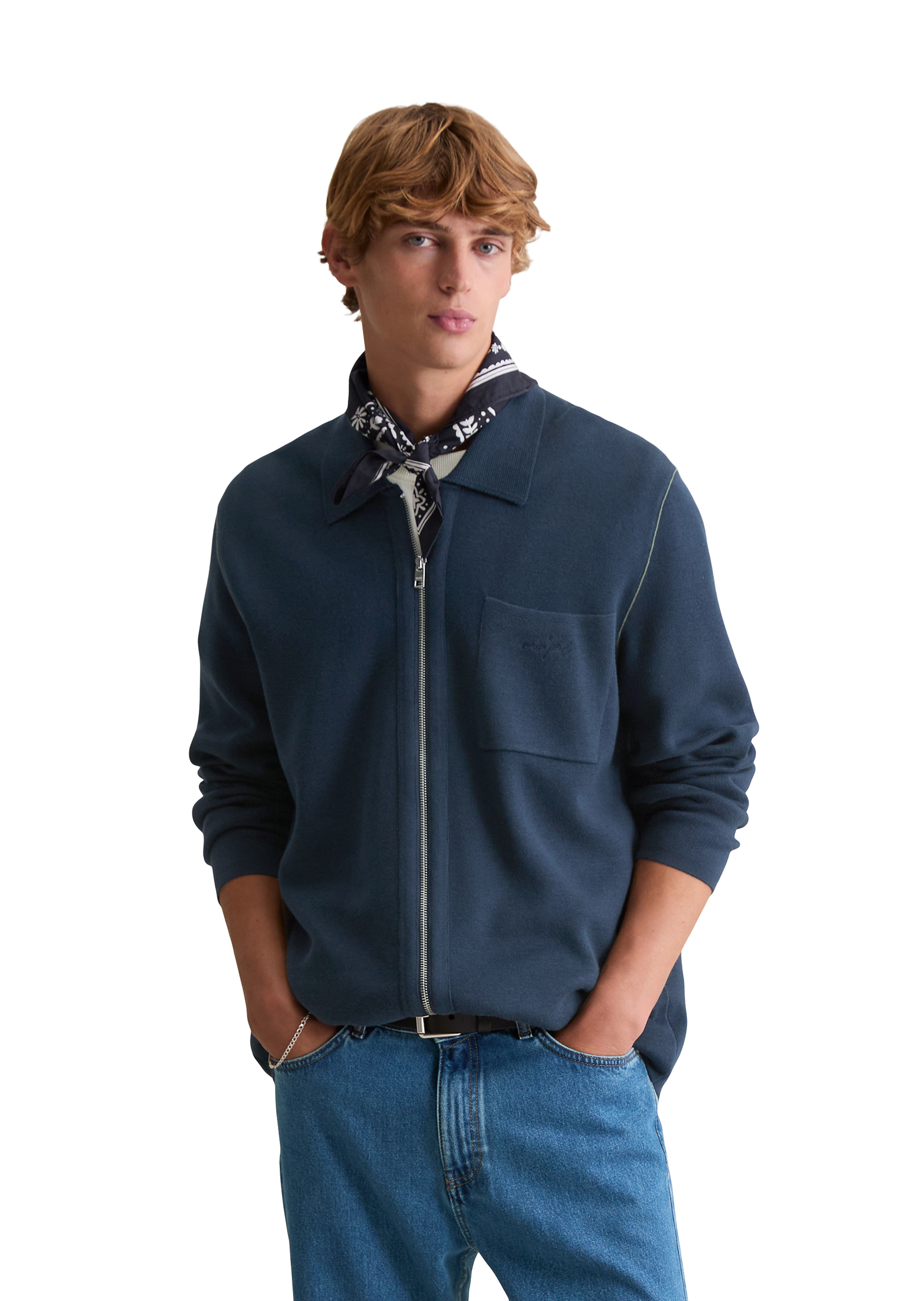 Veste en tricot loose avec fermeture éclair et col polo, MARC O’POLO DENIM