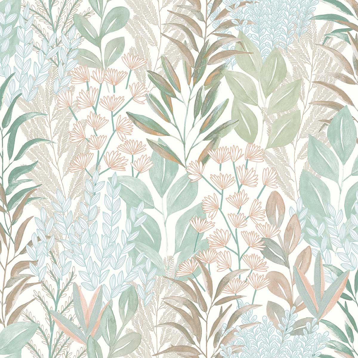 Papier peint feuillage aquarelle vert pastel, HEXOA