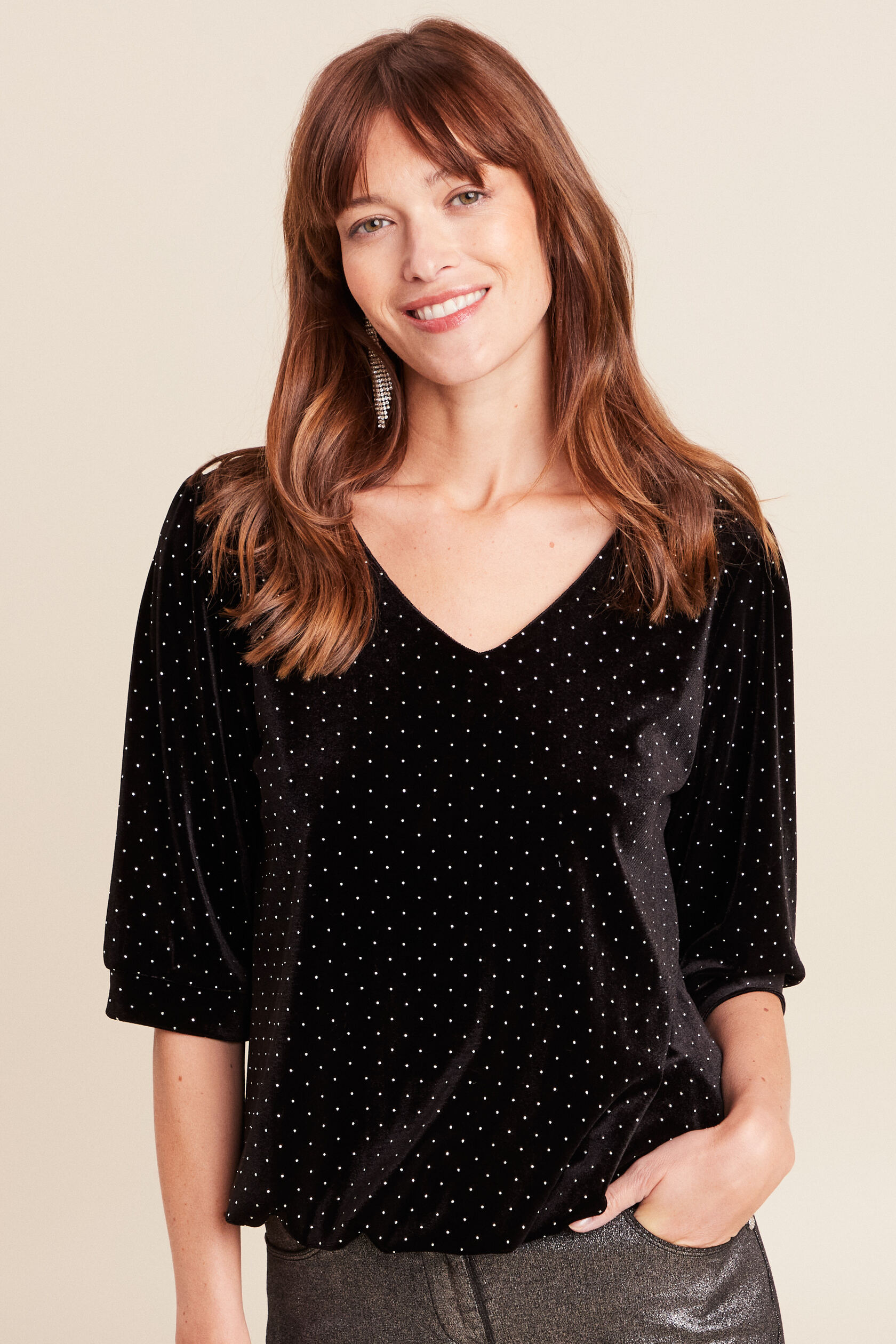 Top velours col v manches 3/4 strass, BREAL