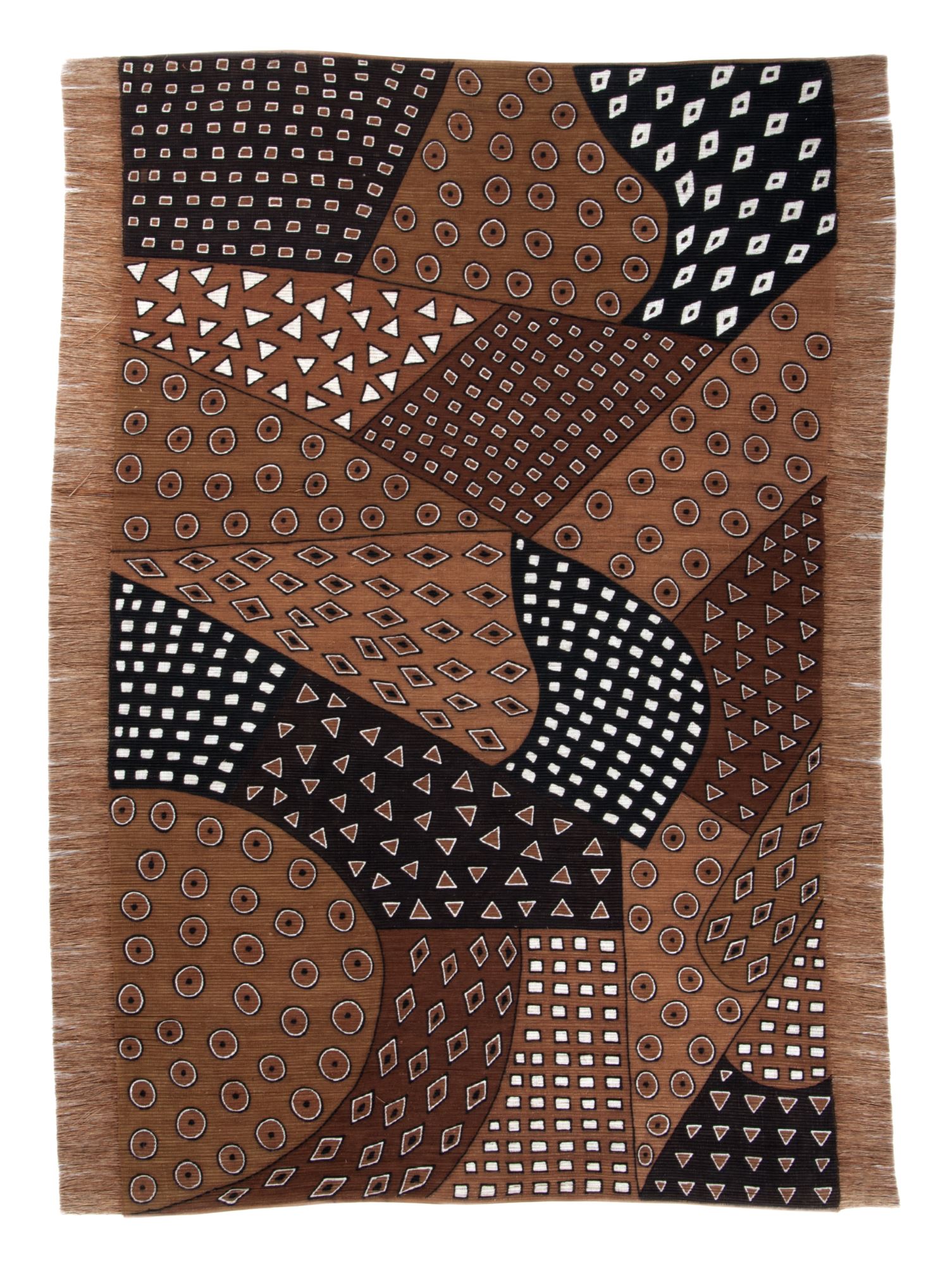 Tapis salon Bogolan fait main, plat, franges, THEKO