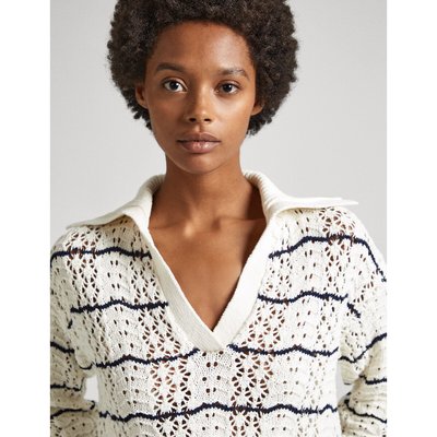Narrow Striped Cotton Jumper in Openwork Knit PEPE JEANS