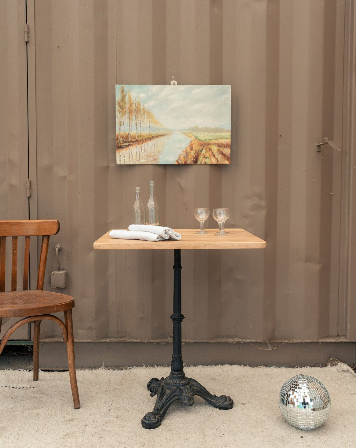 Table à manger bistro en chêne et fer Denise N°1213 - Bon état, DEBONGOUT
