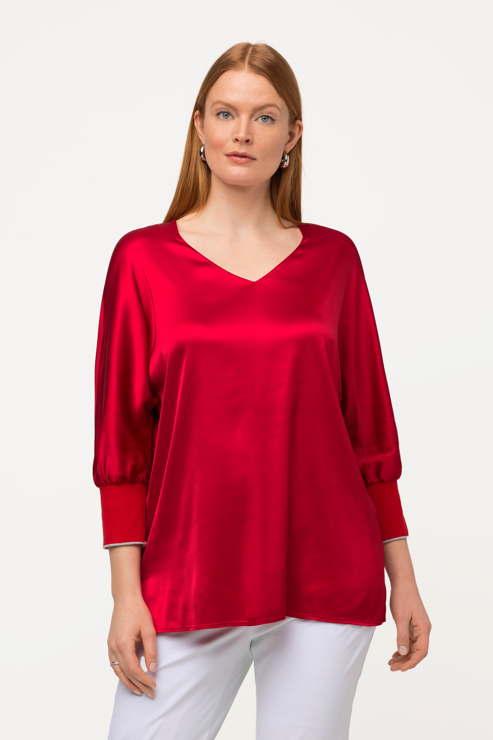 Blouse en satin à col en V et manches, ULLA POPKEN
