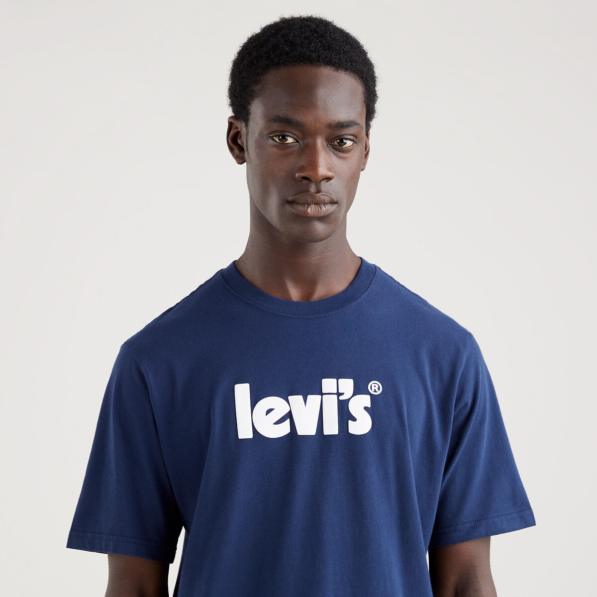 Poster logo print t shirt in cotton with crew neck navy blue